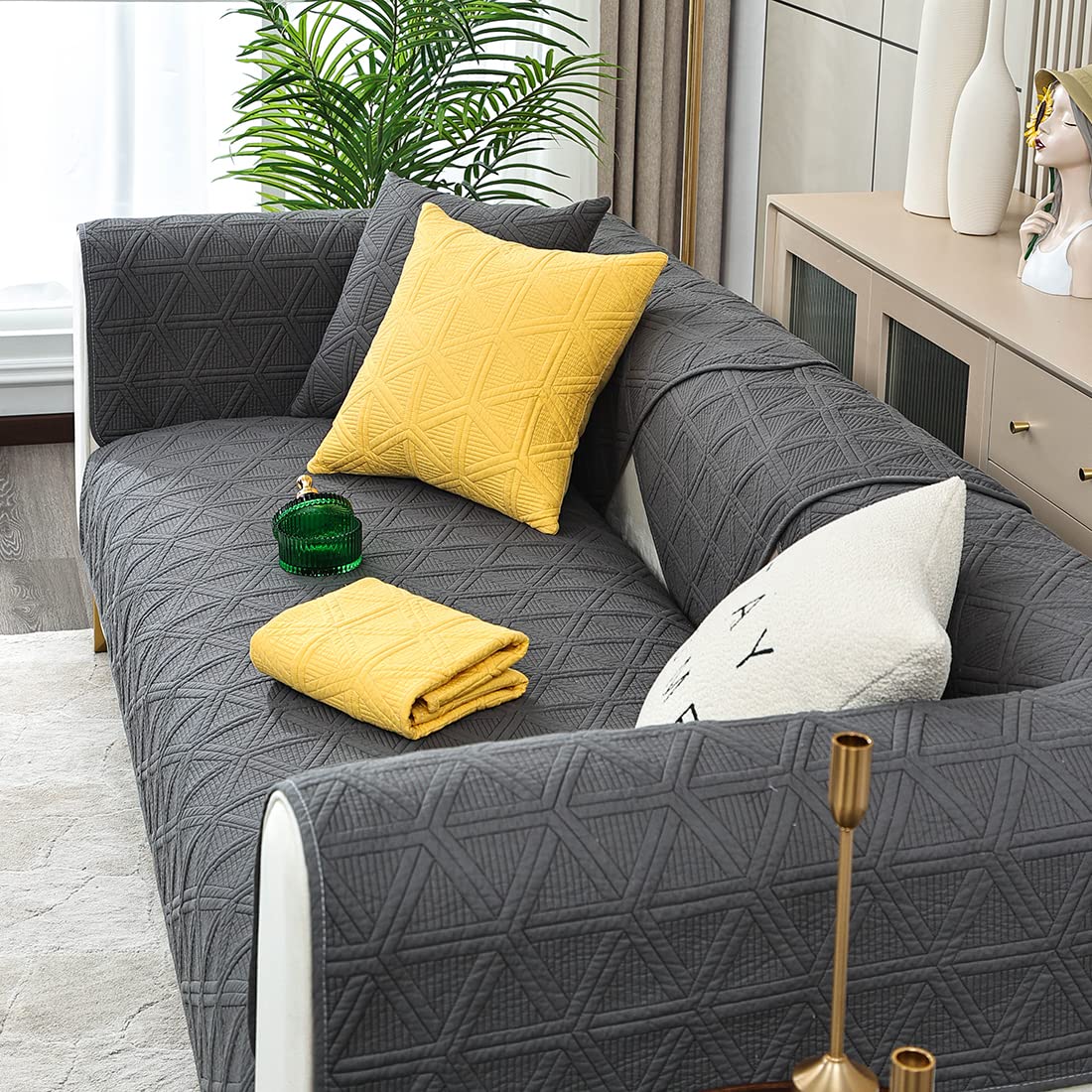 Geometric Embroidery Sofa Cover - Non-Slip Cotton Quilted Couch Slipcover with Triangle Pattern, Dark Gray 36x82 Inches - Perfect for Sectional Couches, Living Room Furniture Protection & Home Decor