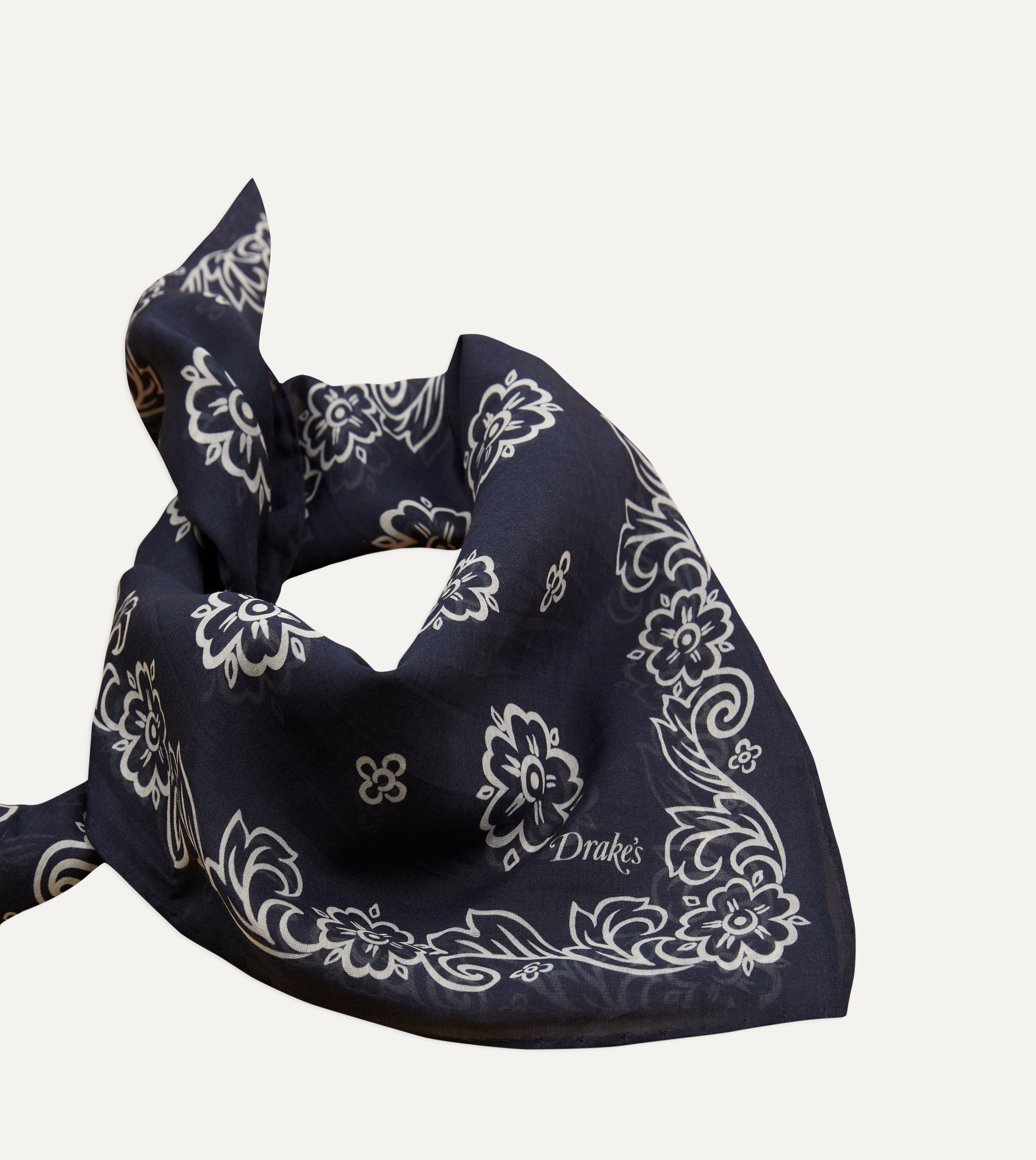 Navy Blue Floral Print Silk Cotton Bandana Scarf - Soft & Breathable for Women, Men - Perfect for Fashion Accessories, Headwear, Hair Ties, Outdoor Activities