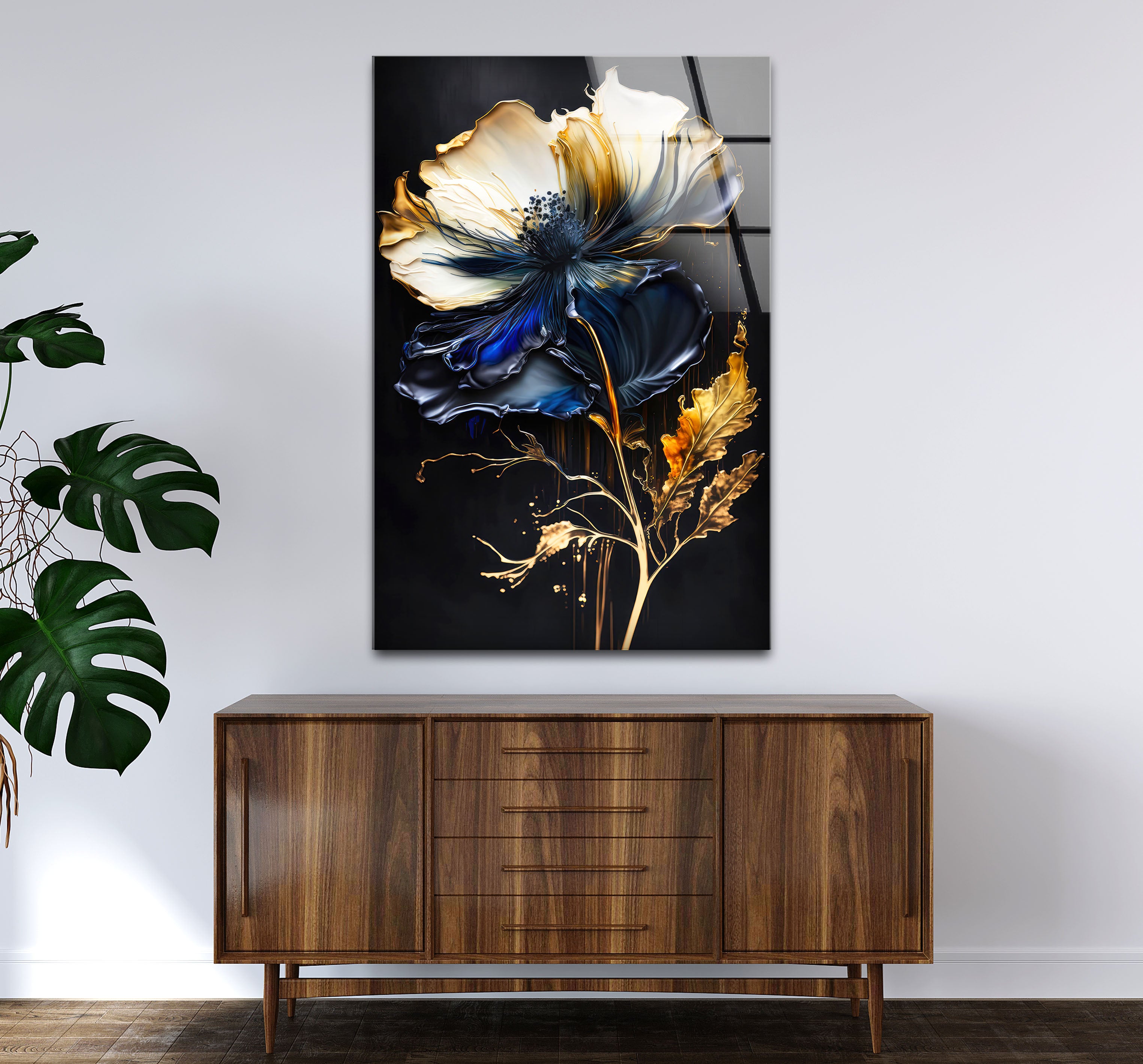 Blue and Gold Floral Wall Art - Elegant Dark Botanical Glass Print for Modern Luxury Home Decor | Perfect for Living Room, Bedroom & Office Wall Decor