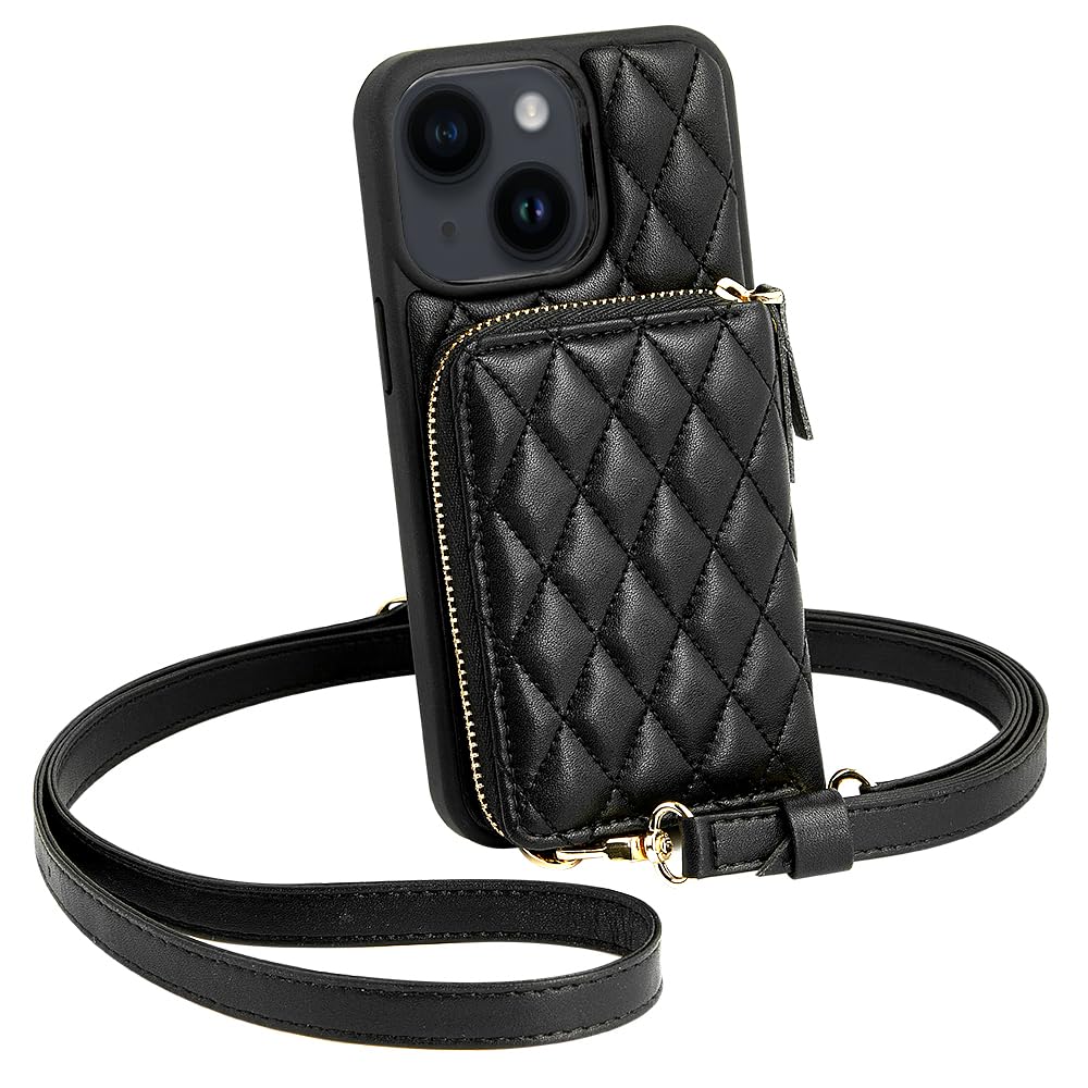 LAMEEKU iPhone 15 Wallet Case with Card Holder & Wrist Strap - Quilted Leather Zipper Crossbody Purse Cover with Multiple Card Slots - Perfect Gift for Women (6.1