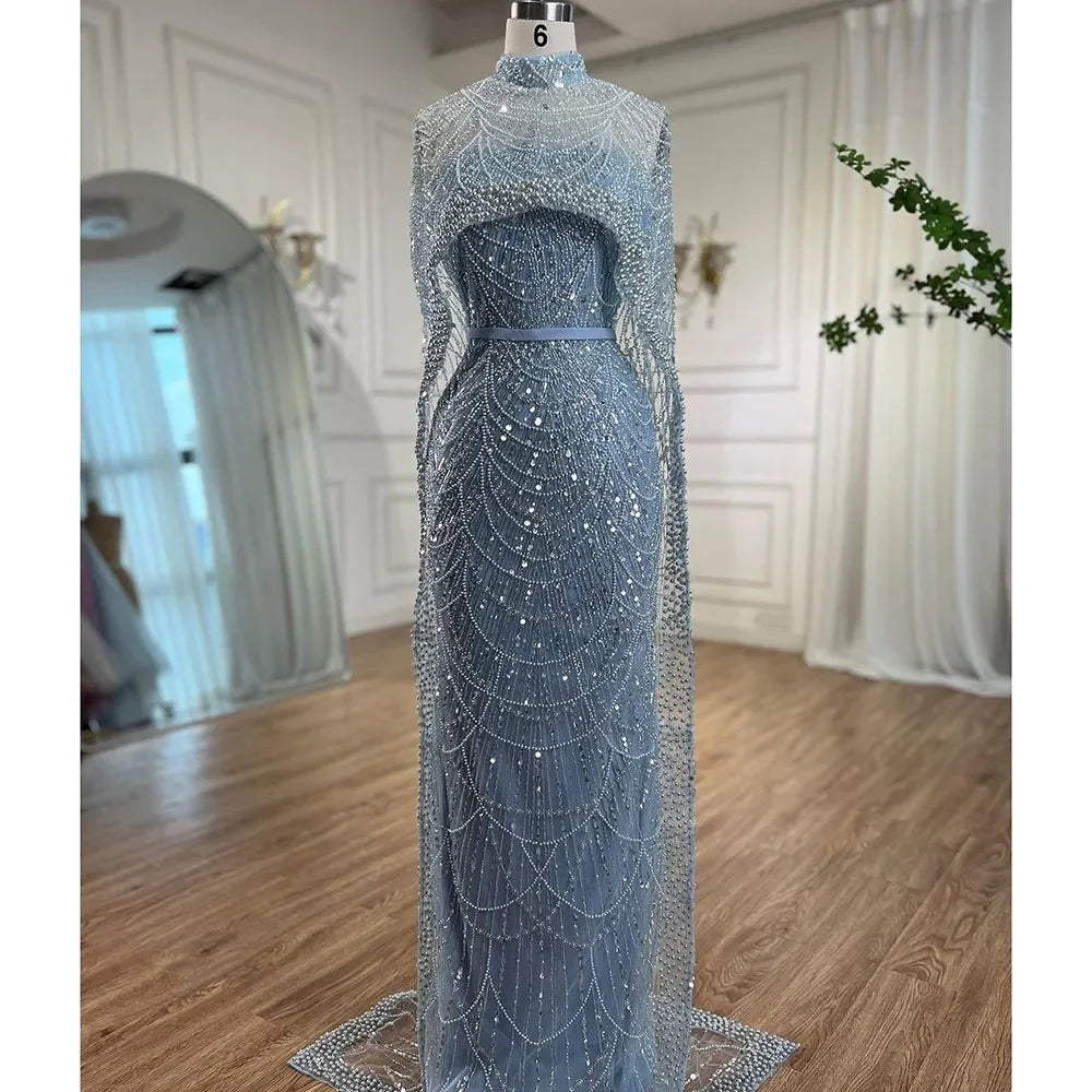 Elegant Green Pearl Evening Gown with Detachable Cape - LA72032 | Luxury Designer Dress for Prom, Gala & Formal Events