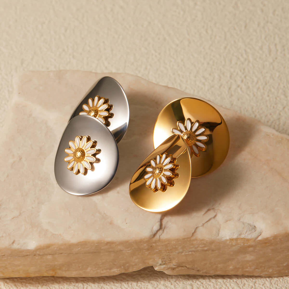 Metallic Oil Drip Daisy Stud Earrings for Women | Gold & Silver Floral Earrings | Trendy Boho Jewelry Gift for Her | Perfect for Parties, Weddings & Everyday Wear (JDE1009)