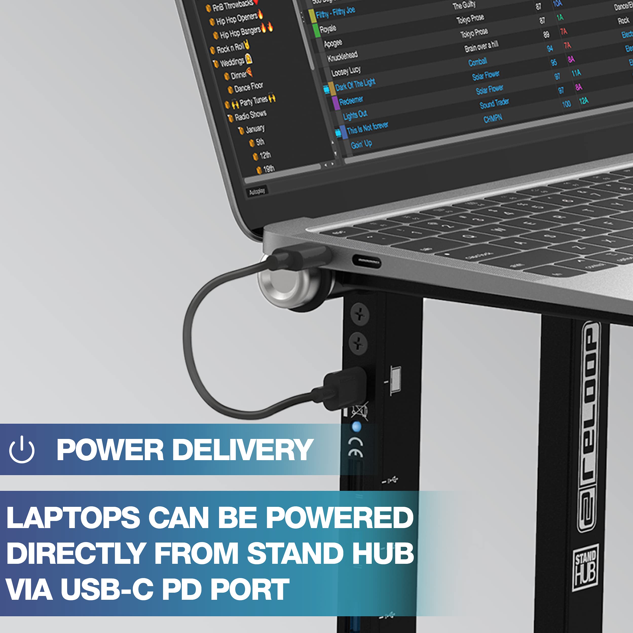 Reloop Stand Hub Advanced - Adjustable Laptop Stand with USB-C PD Charging for MacBook, iPad & More | Perfect for Home Office, Gaming & Studio Setup