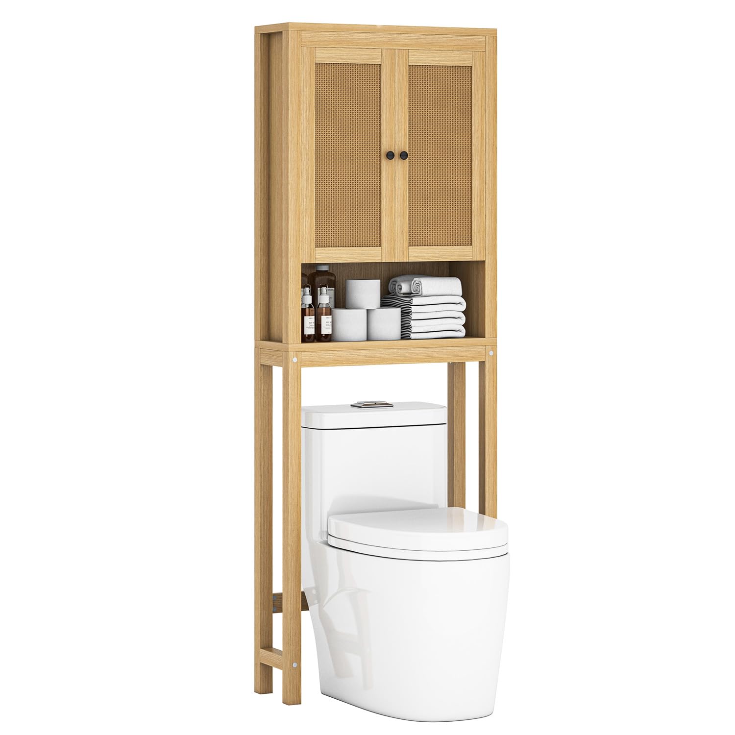 Rattan Over The Toilet Storage Cabinet - Adjustable Shelf Bathroom Organizer | Space Saving Behind Toilet Cabinet for Bathroom, Laundry & Restroom | Natural Wood Rack for Toilet Paper, Towels & Bath Essentials