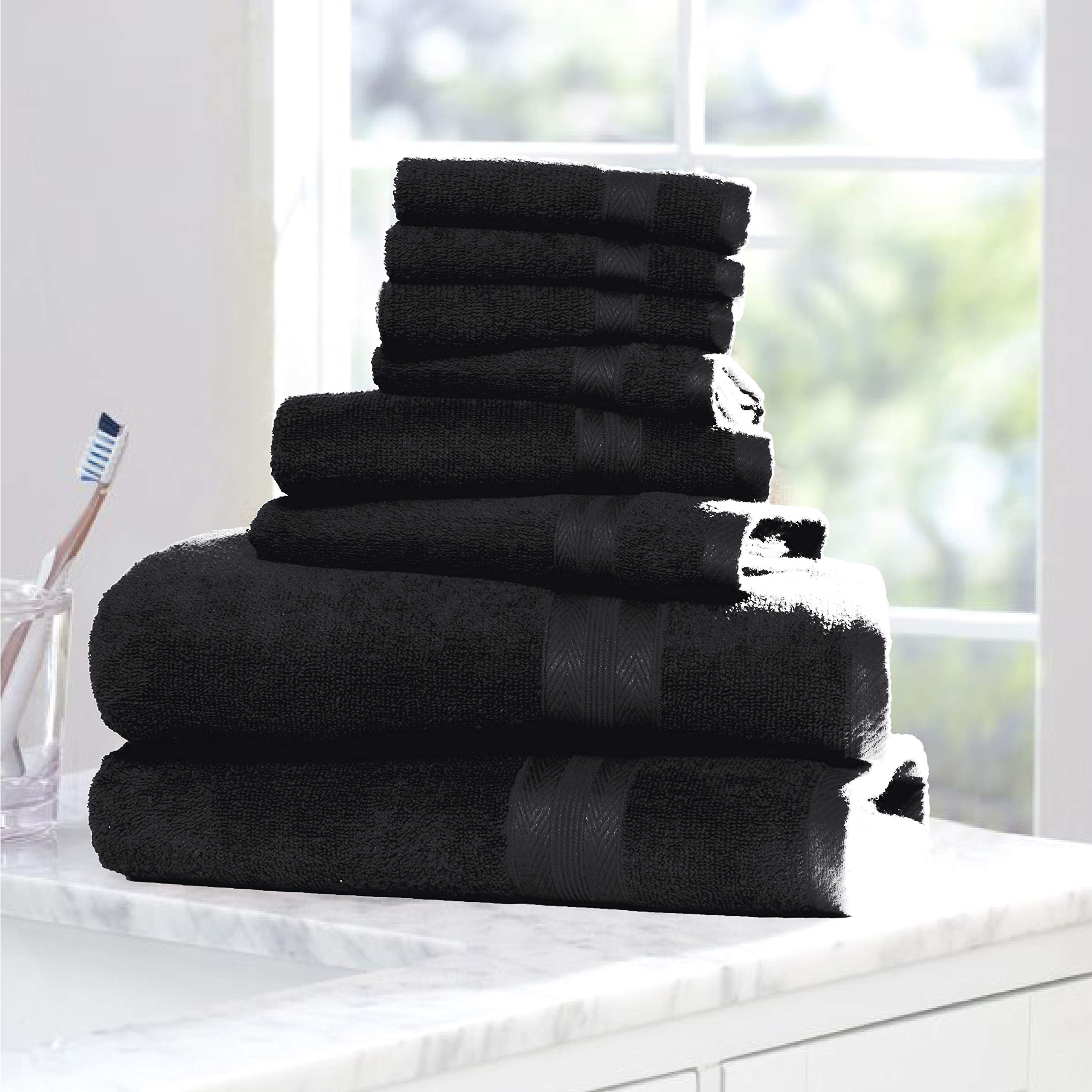 BOUTIQUO 8-Piece Black Bath Towel Set - 100% Ring Spun Cotton, Ultra Soft & Highly Absorbent - Includes 2 Bath Towels (27x54 inches), 2 Hand Towels (16x28 inches), 4 Washcloths (13x13 inches) - Perfect for Bathroom, Spa, Gym & Guest Use