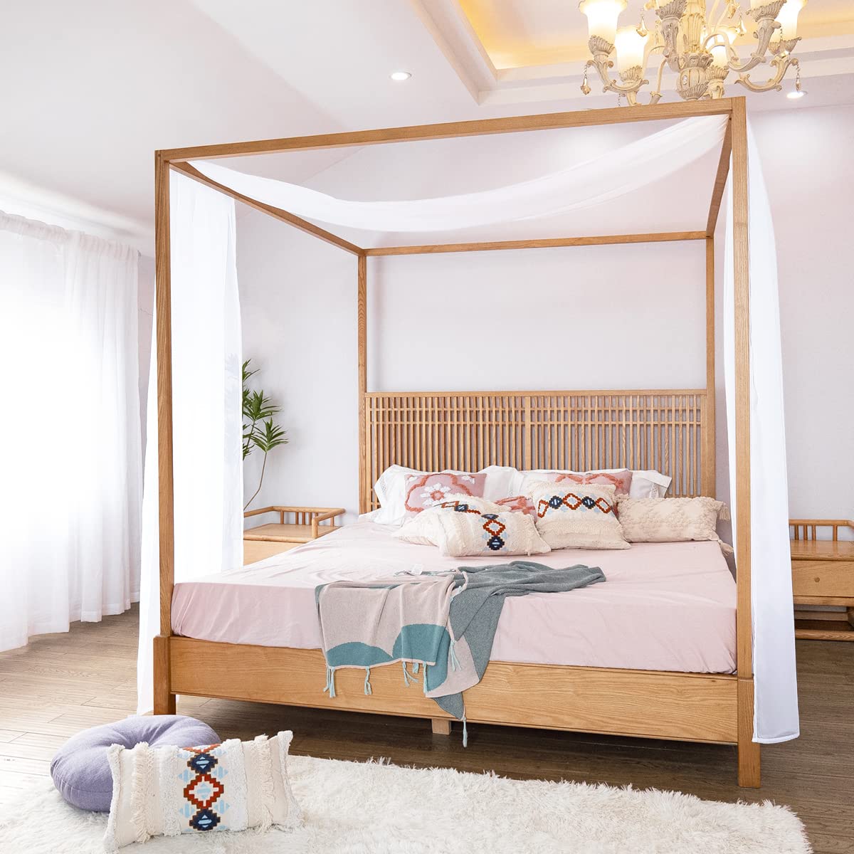 Linentalks White Sheer Canopy Bed Scarf - 52x228 Inches Luxury Tulle Drapes for Queen & Full Size Four Poster Beds | Elegant Bedroom Decor for Weddings, Boho Chic Bedrooms & Princess-Themed Rooms