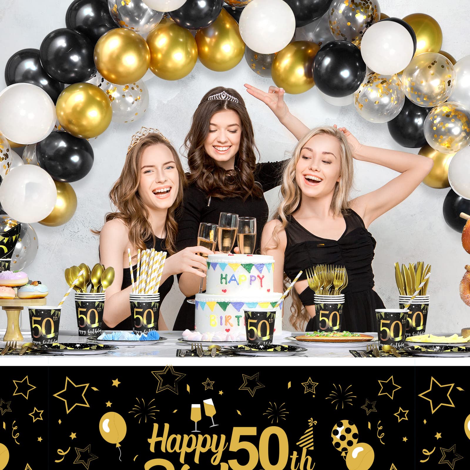 Black and Gold 50th Birthday Decorations for Men & Women - Anniversary Balloons, Tablecloth, Tableware Set for Party Guests - Perfect for Milestone Celebrations & Special Events