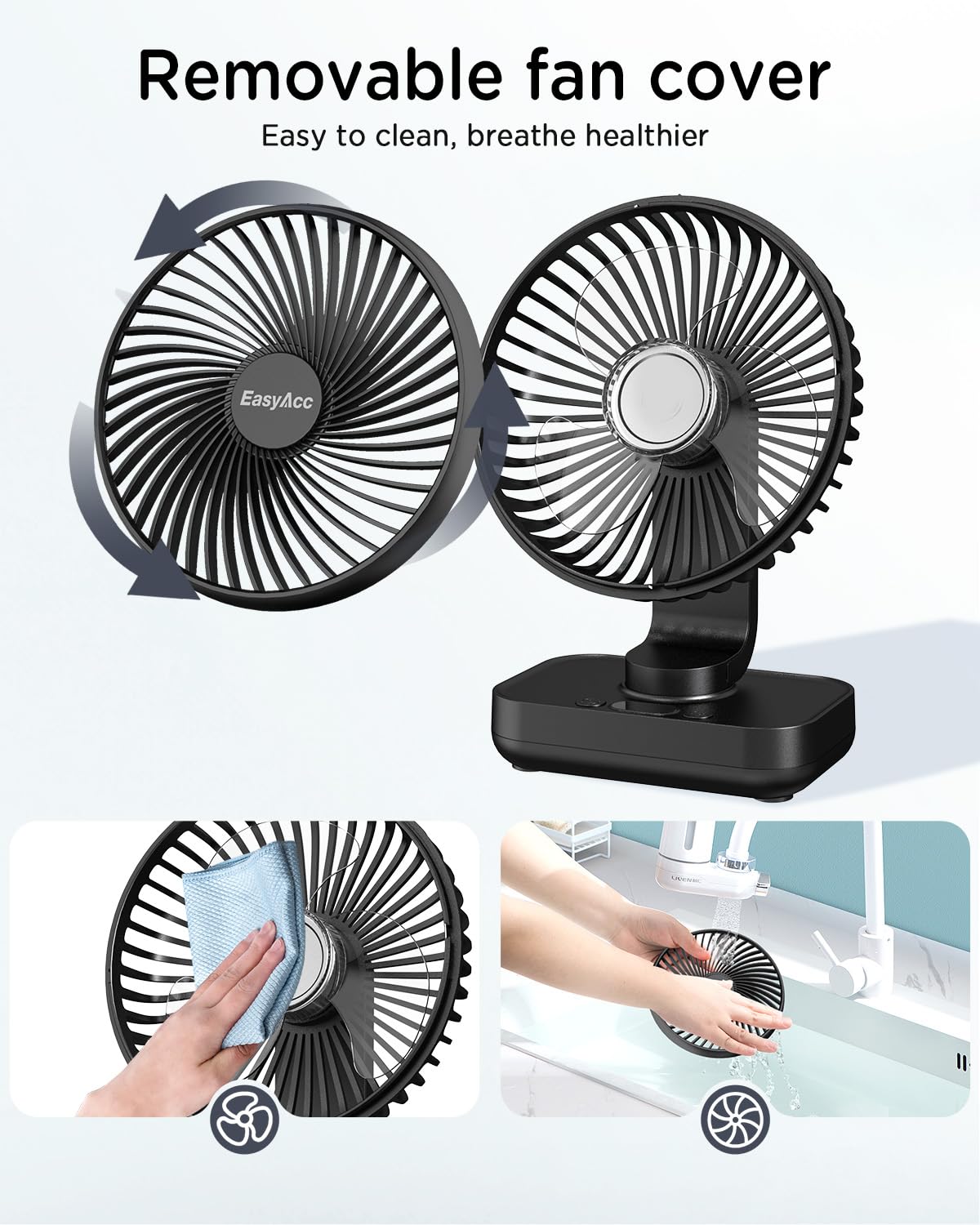 EasyAcc Small Oscillating Fan - 4000mAh Rechargeable Battery, 5-23 Hours Runtime, 4-Speed Desktop Air Circulator for Home, Office, Bedroom & Dorm Room - Perfect for Cooling, Air Circulation & White Noise