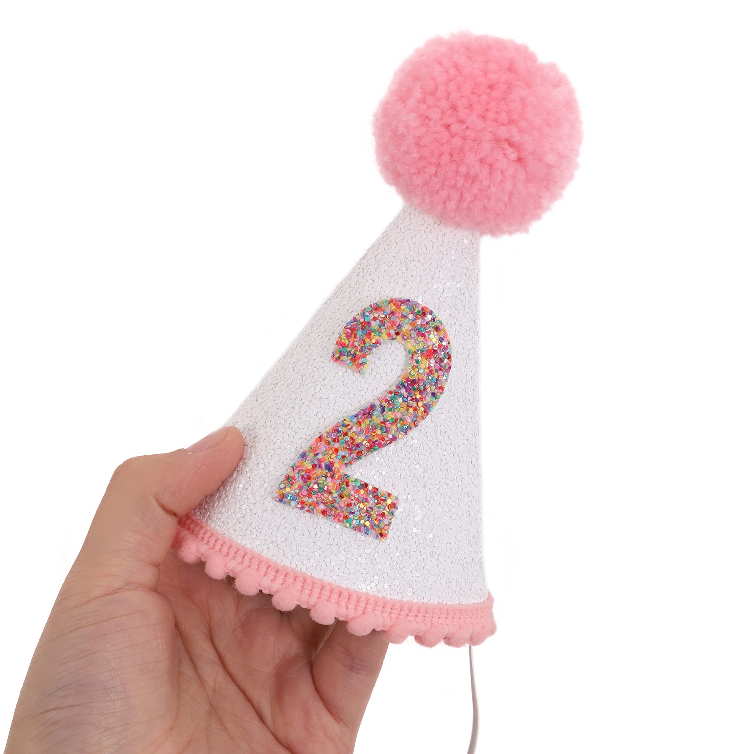 Sparkly Pink Glitter Birthday Hat for Girls with Pom Topper - Cute Party Accessories for Birthday Celebrations, Photo Booths & Princess Themed Events