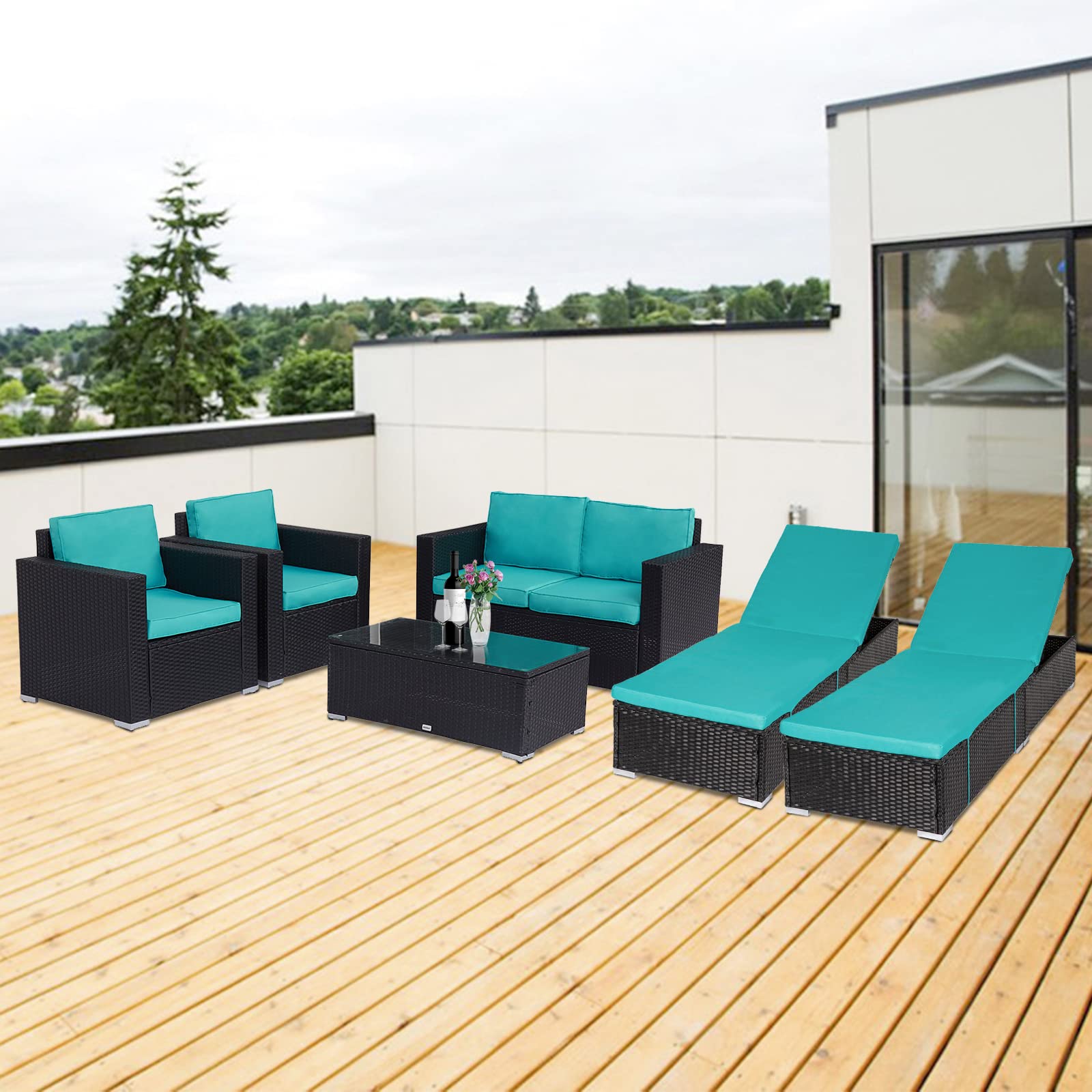 6-Piece Outdoor Patio Furniture Set with Chaise Lounge, Teal Sectional Sofa & Coffee Table - Perfect for Backyard, Garden, Poolside & Deck Relaxation