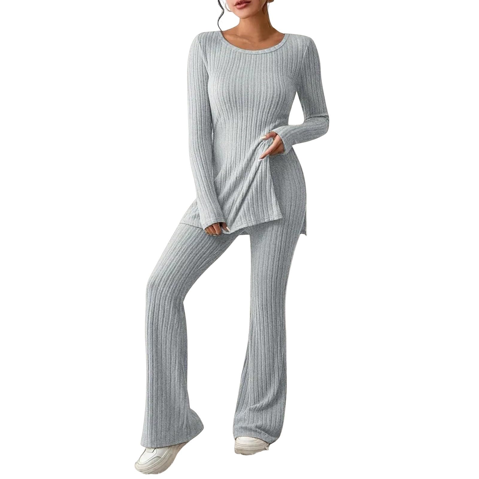 Women's 2-Piece Outfit Set - Soft Comfy Crew Neck Long Sleeve Top & Wide Leg Pants | Cute Lounge & Sleepwear for Home, Beach & Fall Season | Casual Pajama Set for Relaxation & Travel