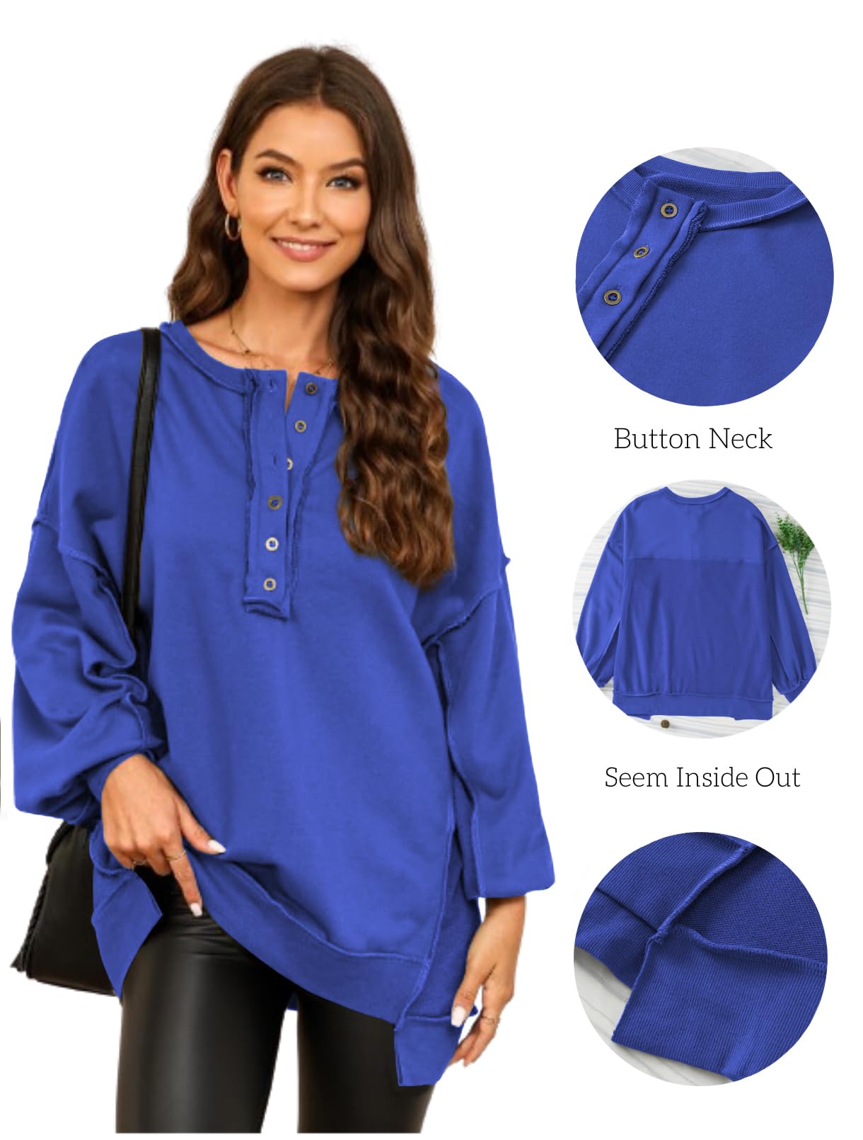 AlvaQ Women's Oversized Sweatshirt - Soft Long Sleeve Henley Neck Pullover Tunic Top for Casual Wear | Perfect for Loungewear, Weekend Outfits & Layering in Fall/Winter