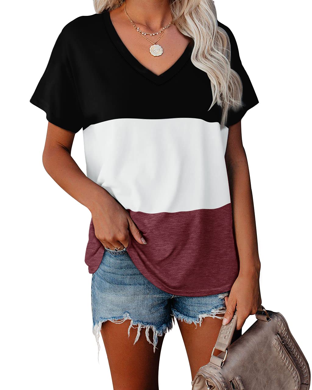 WEESO Women's V-Neck Color Block T-Shirt - Summer Short Sleeve Casual Top for Everyday Wear, Outfits & Street Style