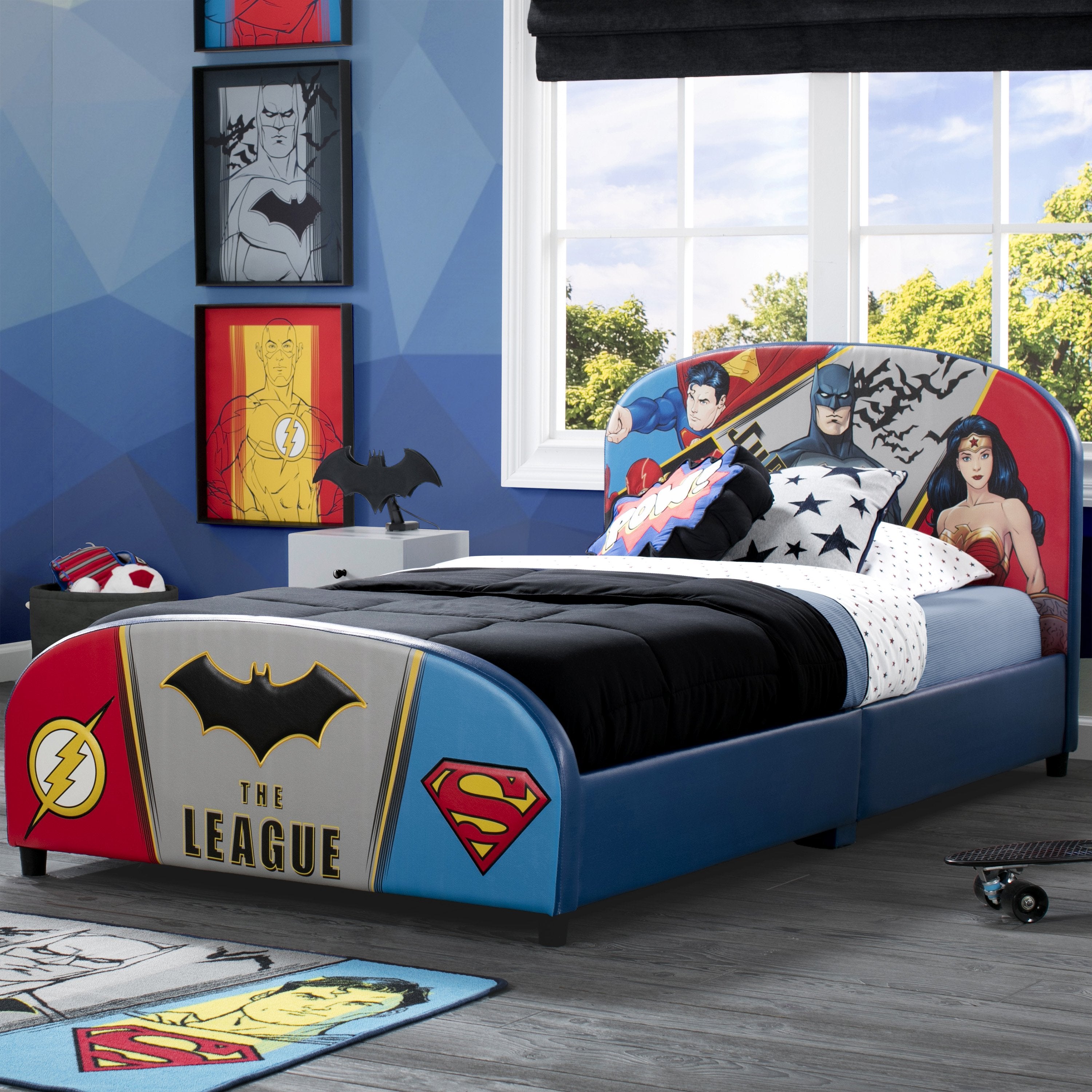 DC Comics Justice League Superheroes Twin Bed with Upholstered Headboard - Perfect for Kids' Bedroom & Superhero Themed Decor