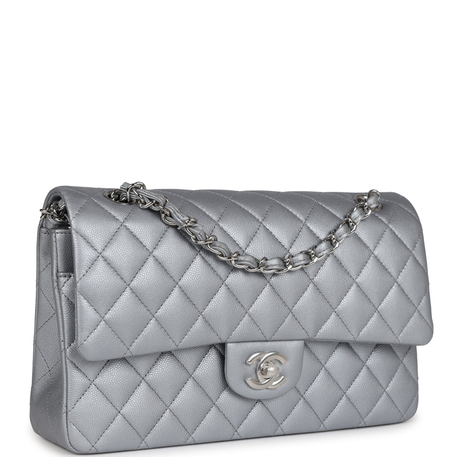 Chanel Medium Classic Double Flap Bag in Silver Caviar Leather with Silver Hardware - Perfect for Evening Events & Luxury Fashion Accessories