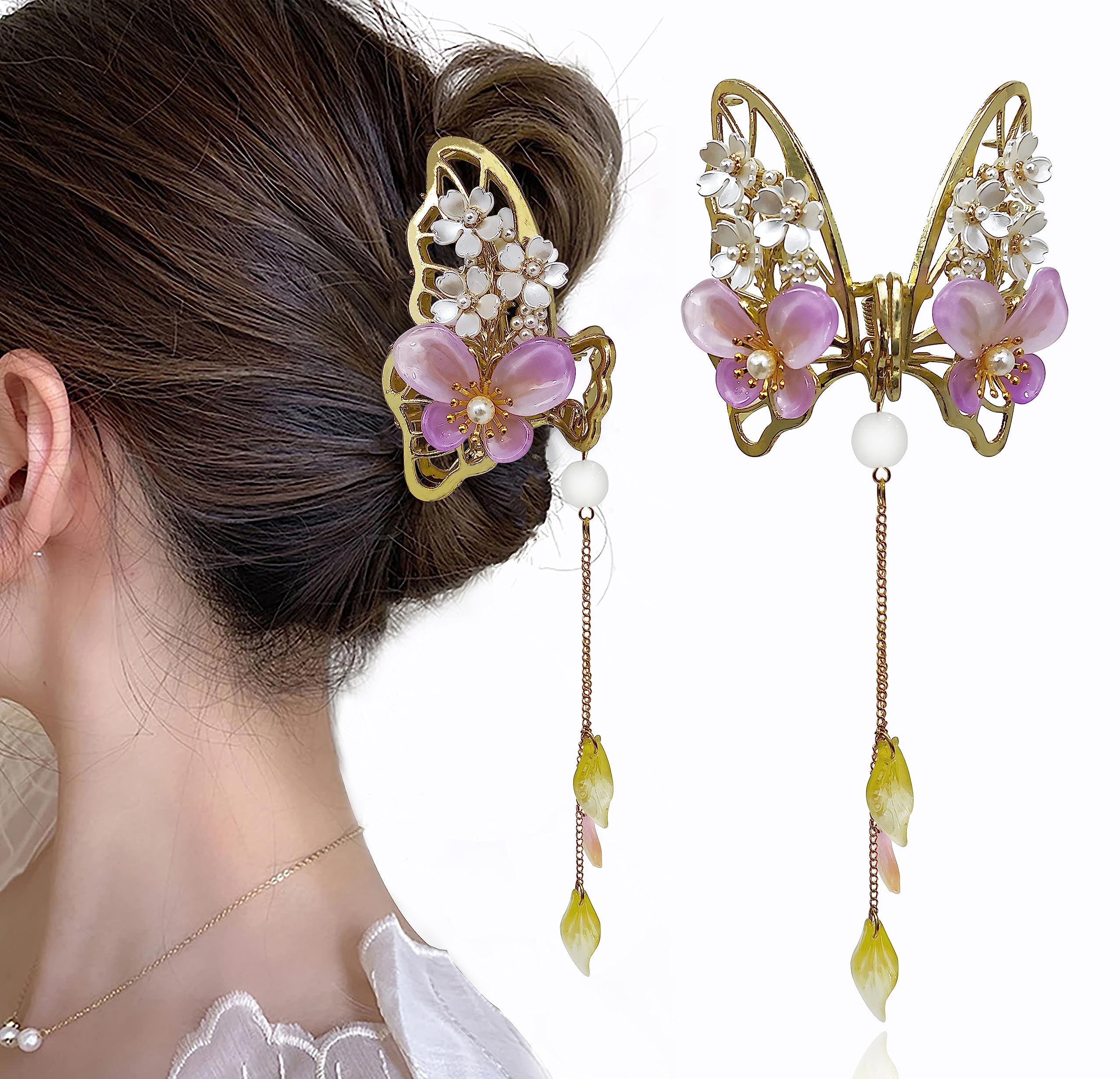 Golden Rhinestone Butterfly Floral Hair Claw Clip - Large Metal Hair Clutch for Women & Girls - Elegant Hair Accessories for Parties, Weddings & Daily Styling - Pack of 1