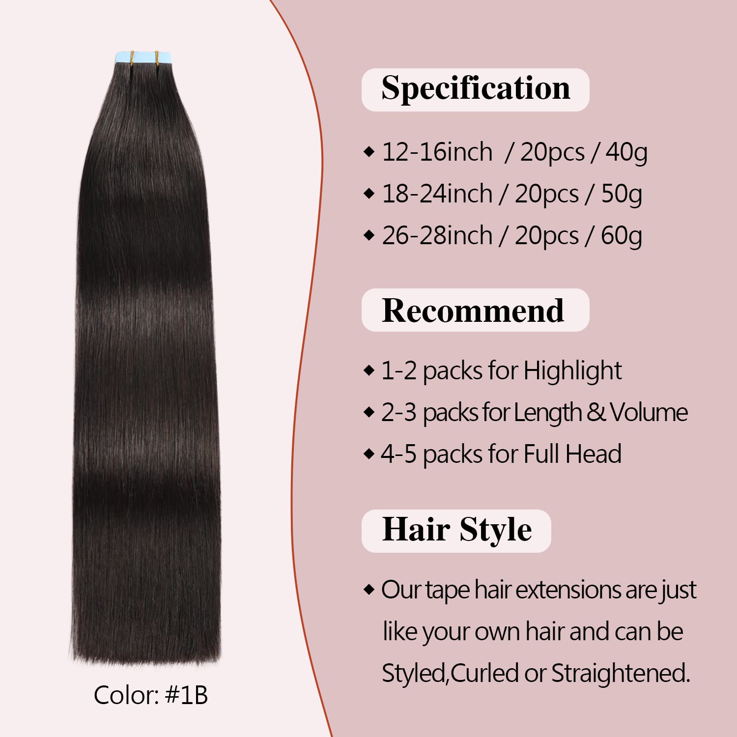 Sunya 14-Inch Silky Straight Remy Human Hair Tape-In Extensions - #1B Natural Black, 40g (20Pcs/Pack) for Thick & Seamless Volume | Perfect for Daily Styling, Weddings & Special Events