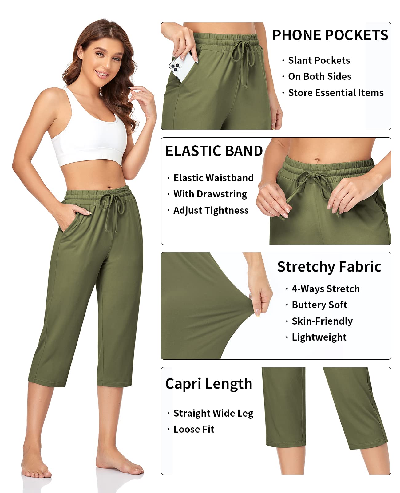 TARSE Women's Capri Yoga Pants - Soft Loose Lounge Pants with Drawstring & Pockets for Workout, Running, Gym, Travel & Casual Wear