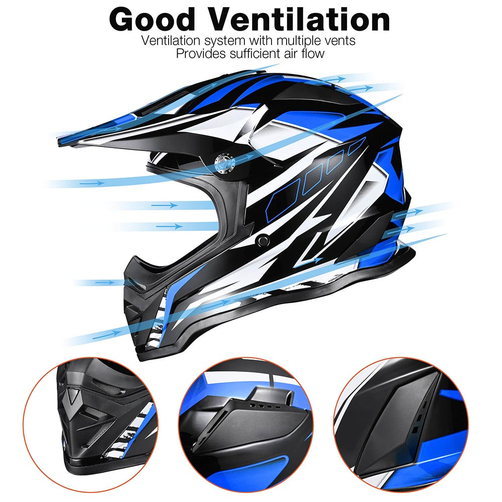 TheLAShop Black & Blue Dirt Bike Helmet - DOT Approved Full Face Motorcycle Helmet for Adults - Lightweight & Durable for Off-Road Racing, Motocross & ATV Riding