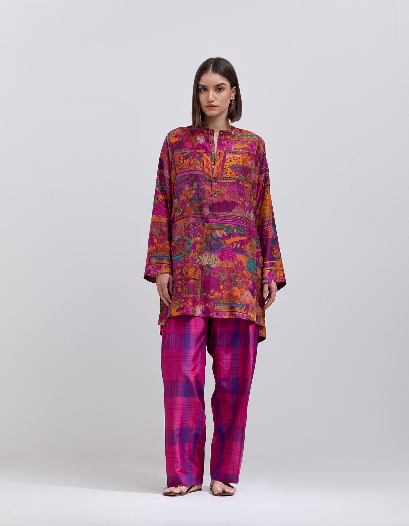 6-Pleat Silk Dupion Check Trousers in Purple - Elegant Office Wear & Formal Occasions