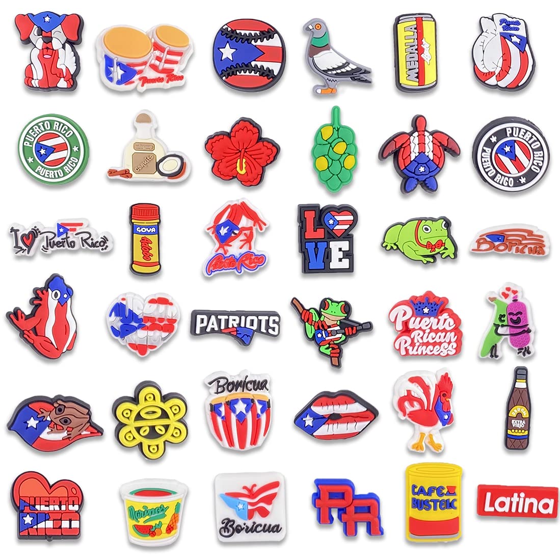 36 PCS Puerto Rico Croc Charms for Adults - Men & Women Shoe Accessories, Flags & Dominican Pins - Decorate Crocs Clogs, Slides & Bags - Fun Jibbitz for Casual Wear, Beach Outings & Gifts