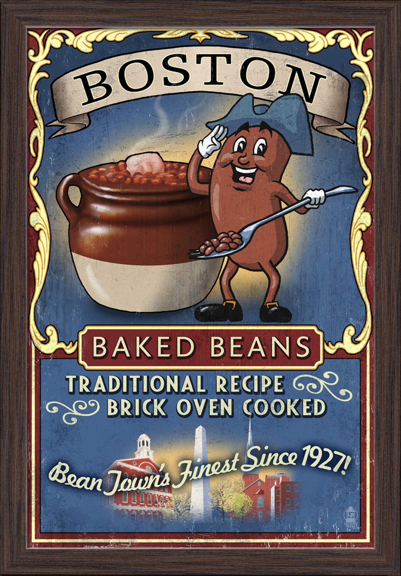 Vintage Boston Baked Beans Sign - 16x24 Giclee Fine Art Print with Recycled Wood Frame in Espresso Brown - Perfect for New England Kitchen Decor & Man Cave Wall Art