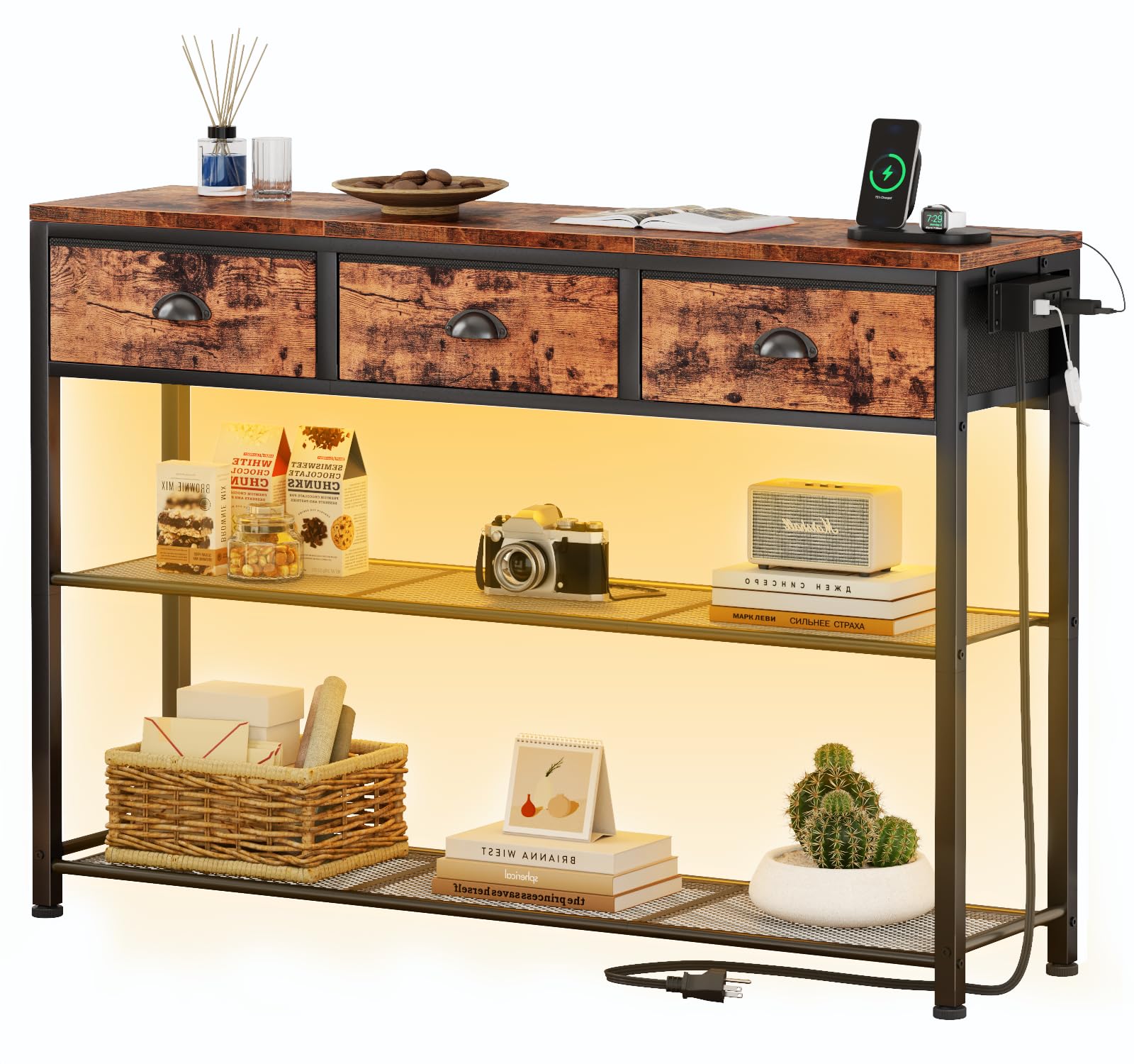 Industrial Console Table with Charging Station & LED Light - 38