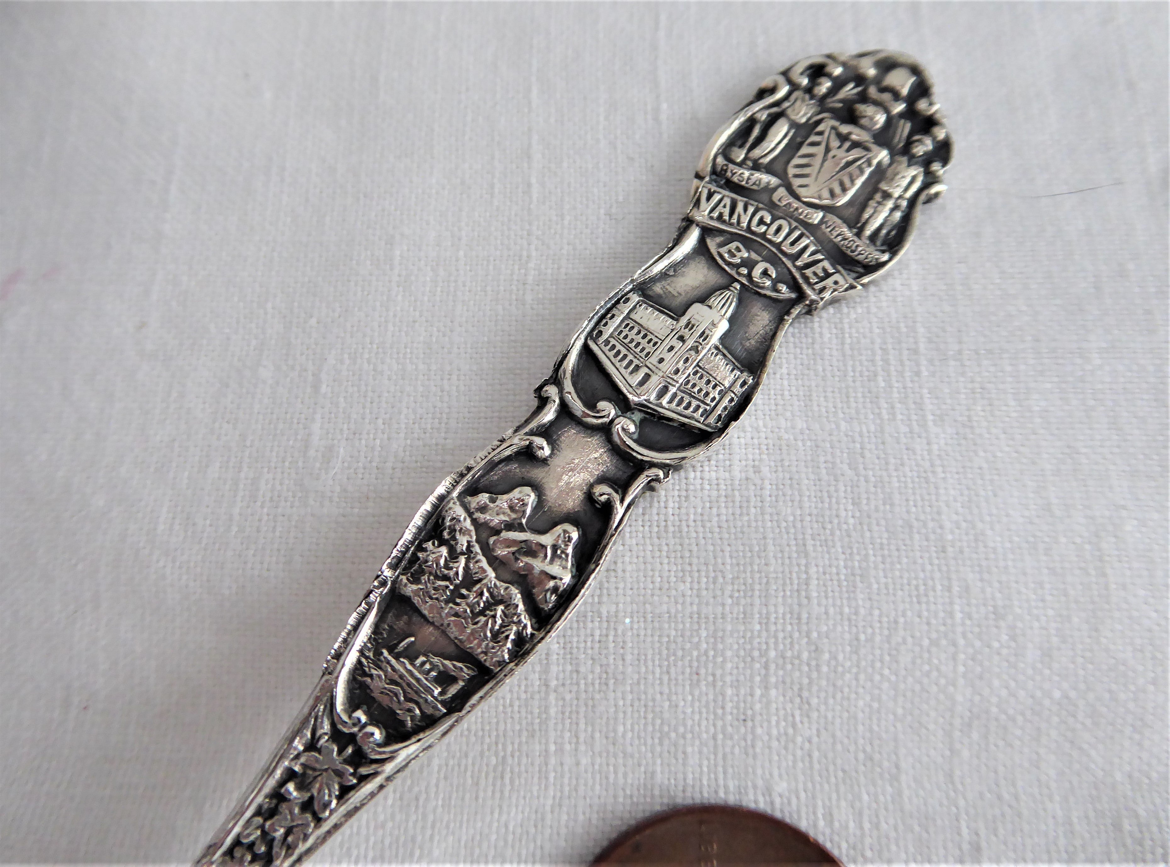 Antique 1900 Joseph Mayer Sterling Silver Souvenir Spoon - Vancouver BC Fully Embossed Collectible - Perfect for Display, Gift Giving & Historical Collections