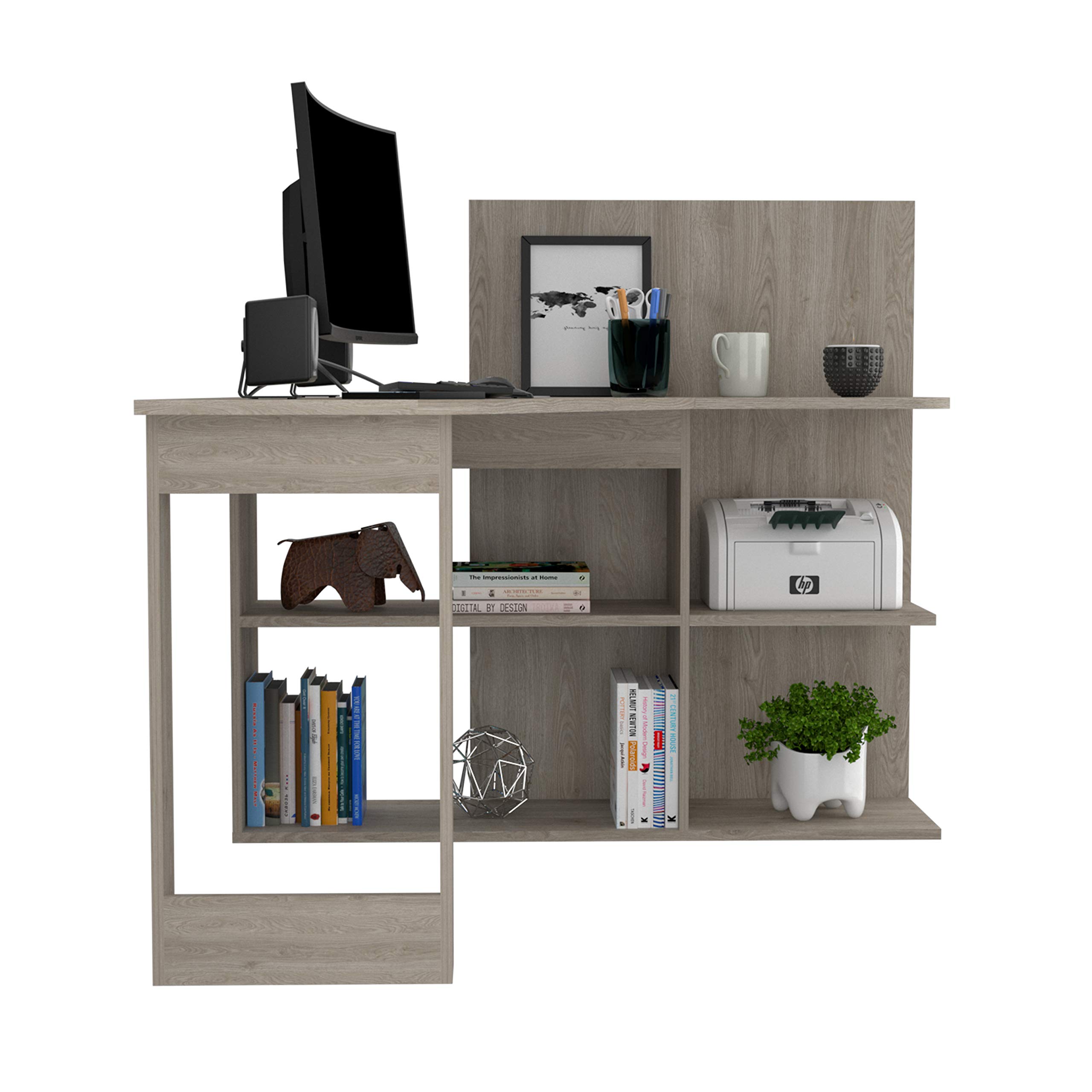 Modern L-Shaped Computer Desk with 4 Shelves - Light Gray Home Office Desk for Small Spaces, Gaming & Study - Ergonomic Workstation for PC, Laptop & Office Setup