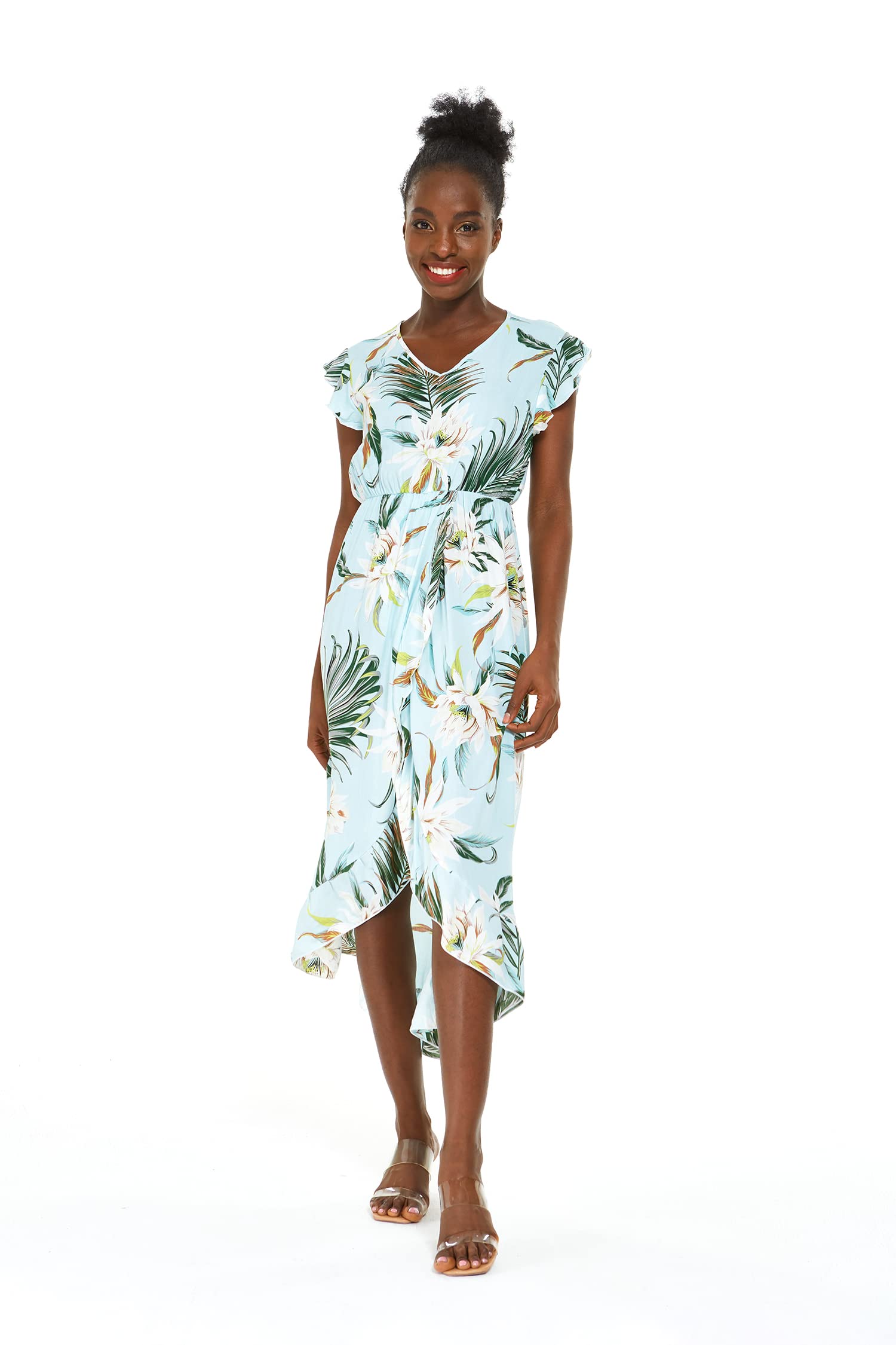 Women's Floral Hawaiian Luau Wrap Ruffle Dress - Tropical Beach Party Outfit for Summer Vacations, Poolside Getaways & Island Weddings