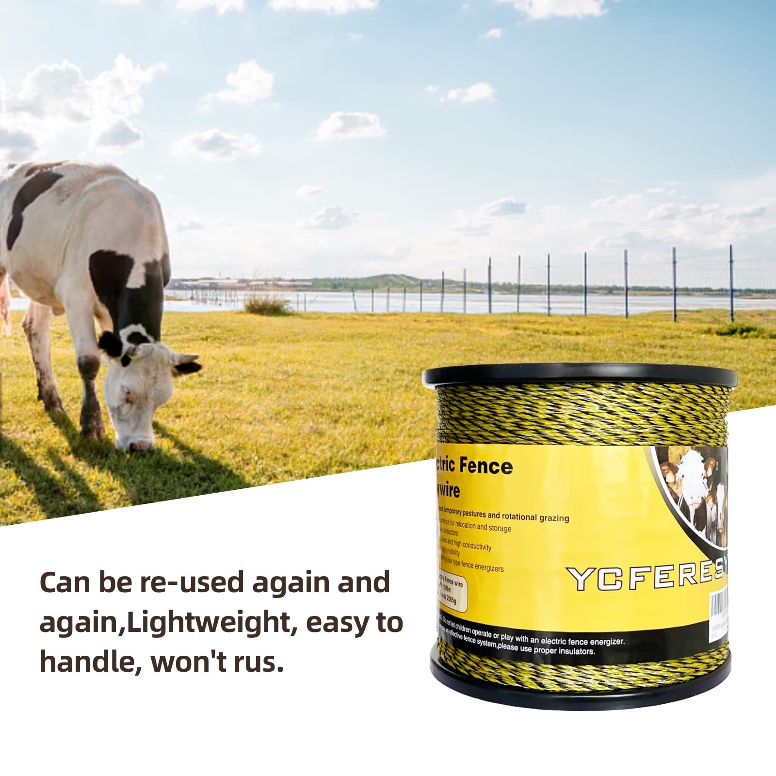 Upgraded Electric Fence Polywire 3366 Feet (1026 Meters) - 6 Stainless Steel Strands for Superior Conductivity & Rust Resistance | Portable UV-Resistant Electric Fencing for Livestock, Pets & Farm Security | Ideal for Pastures, Gardens & Perimeter Protection