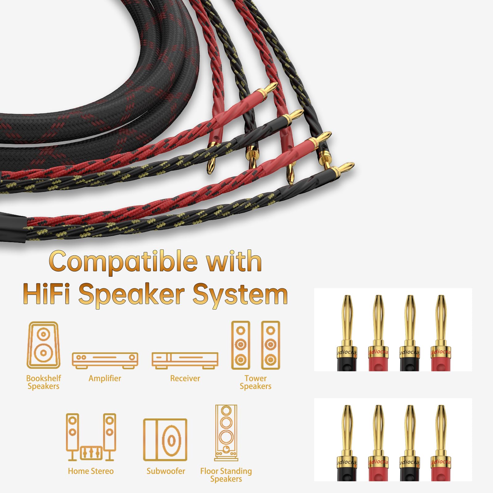 Premium HiFi OFC Braided Speaker Cable with Gold-Plated Banana Plugs - 3M Length for Home Theater, Concerts, KTV & Audiophile Sound Systems - High-Quality Audio Connection for Amplifiers & Speakers