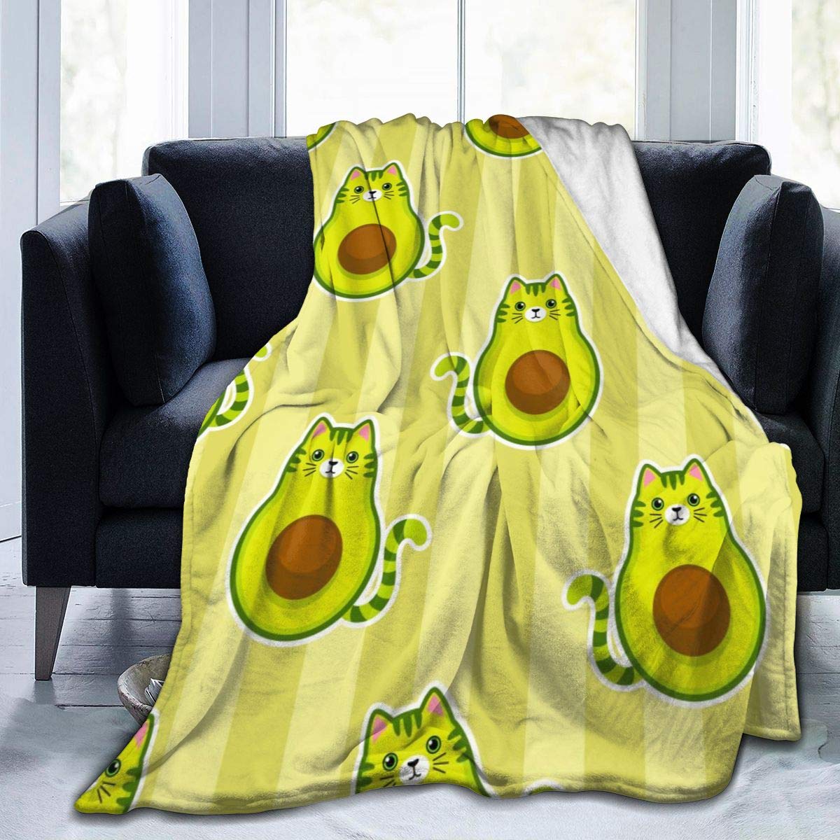 Premium Cute Cartoon Avocado Cat Face Fleece Throw Blanket - Ultra Soft & Warm Queen Size Blanket for Couch, Sofa, Travel, Bed - Perfect for Beach Picnics, Cozy Nights & Home Decor