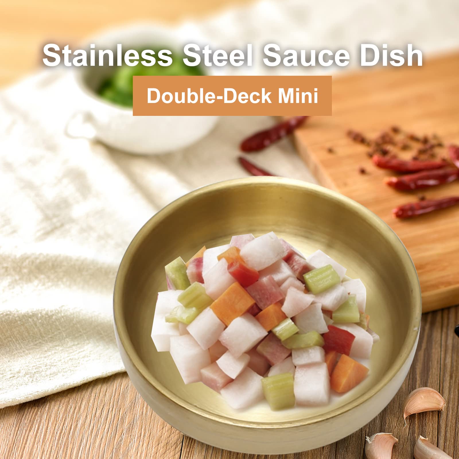 MDEOOSKY 4PCS Mini Stainless Steel Sauce Dishes 3.54in - 304 Stainless Steel Appetizer Plates, Double-Deck Plates for Oil, Vinegar, Juice, Salad, Ketchup - Gold Color - Perfect for Restaurants, Parties, Picnics & Home Dining