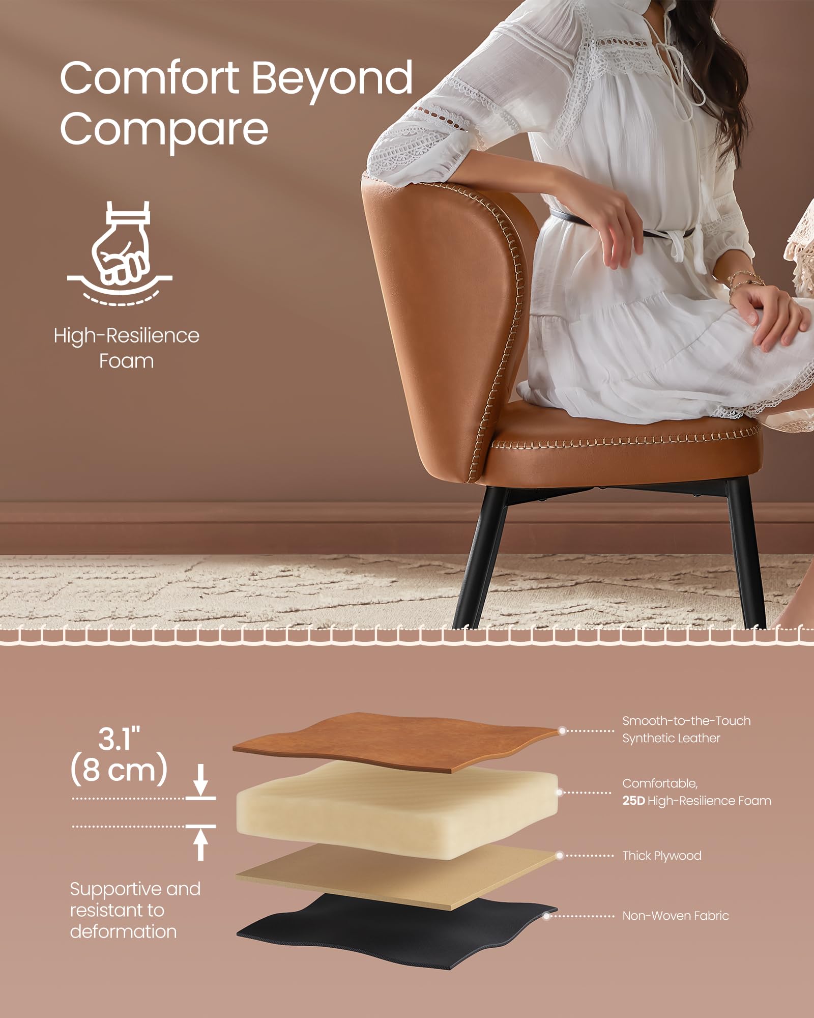 VASAGLE EKHO Mid-Century Modern Dining Chairs Set of 2 - Upholstered Kitchen Chairs with Comfortable Synthetic Leather Seat & Stitching - Easy Assembly - Caramel Brown - Perfect for Dining Room, Kitchen, Living Room & Lounge Areas