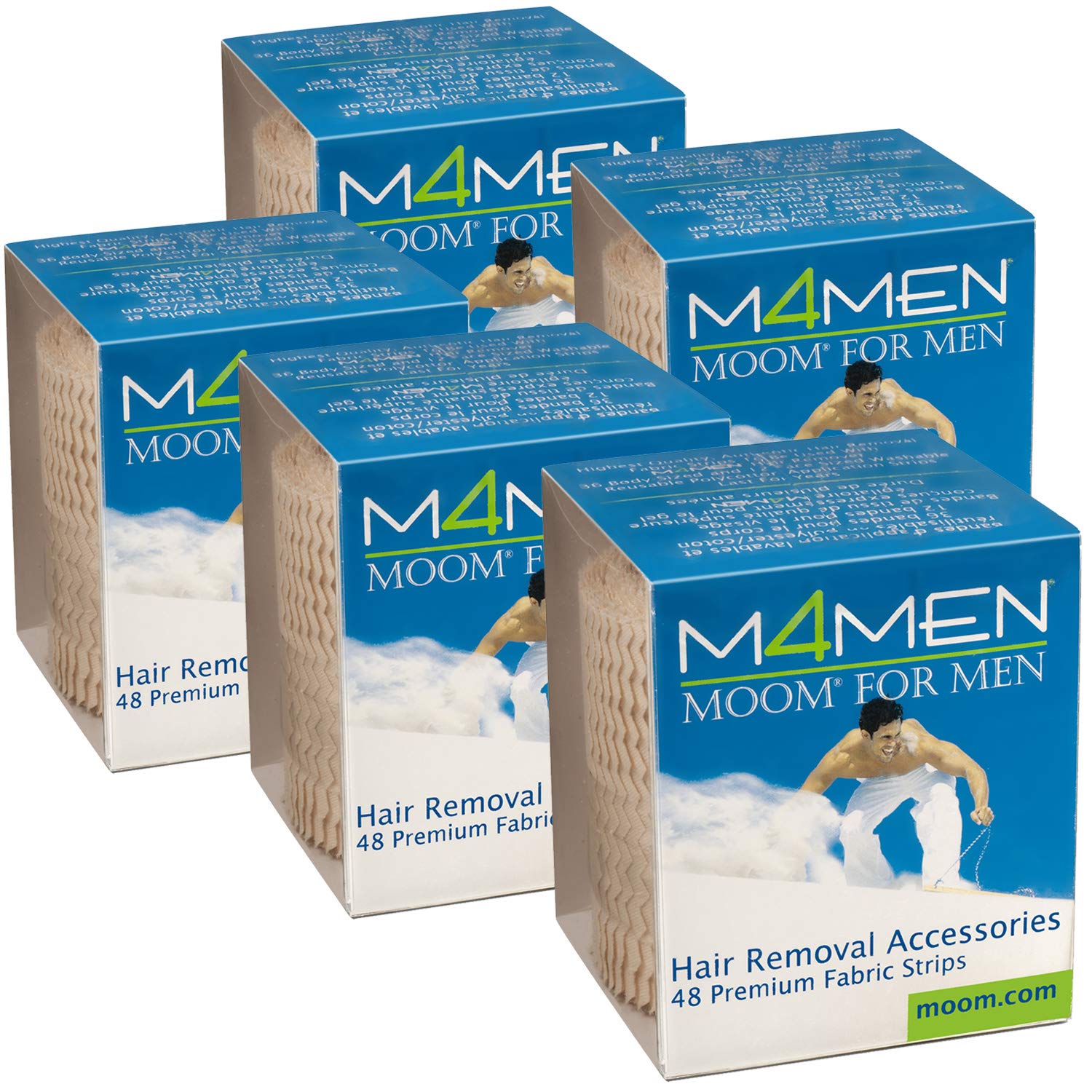 MOOM Waxing Strips for Men - 5 Pack (240 Strips) | Polycotton Hair Removal Strips for Back, Chest & Body | Painless Waxing at Home | Perfect for Pre-Vacation Grooming & Summer Body Care