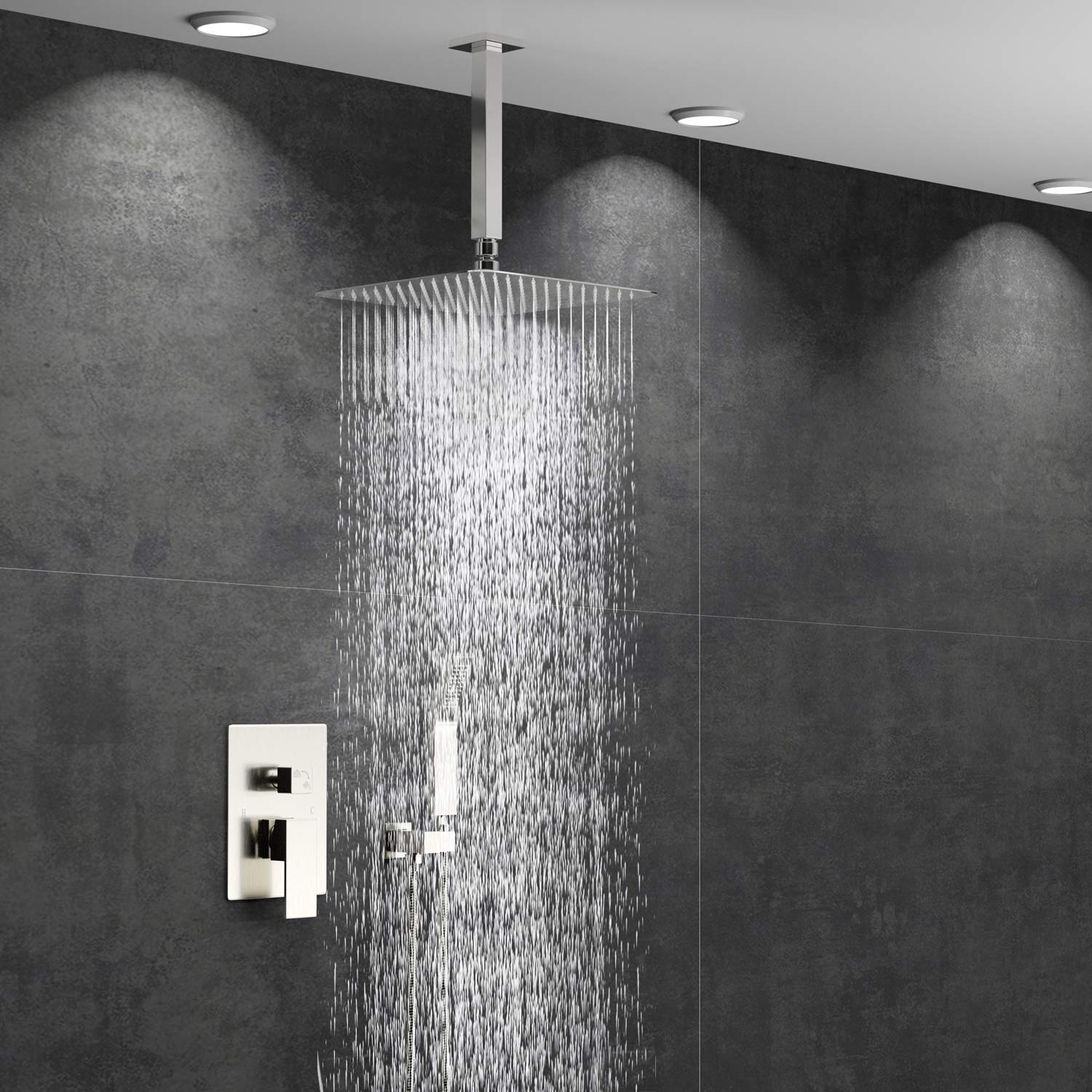 SunCleanse Rainfall Shower Faucet Set - Brushed Nickel Shower Combo with High Pressure 10 Inch Rain Shower Head & Handheld Spray - Bathroom Ceiling Mounted Shower System for Spa-Like Relaxation