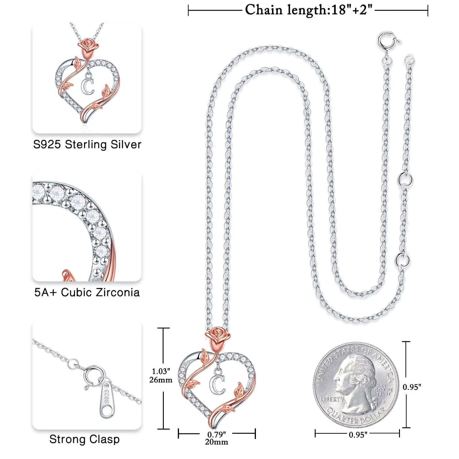 Rose Heart Initial Necklace for Women - 925 Sterling Silver Personalized Jewelry, Anniversary Birthday Gift for Wife Girlfriend Mom - Perfect for Valentine's Day, Wedding, Mother's Day & Romantic Occasions