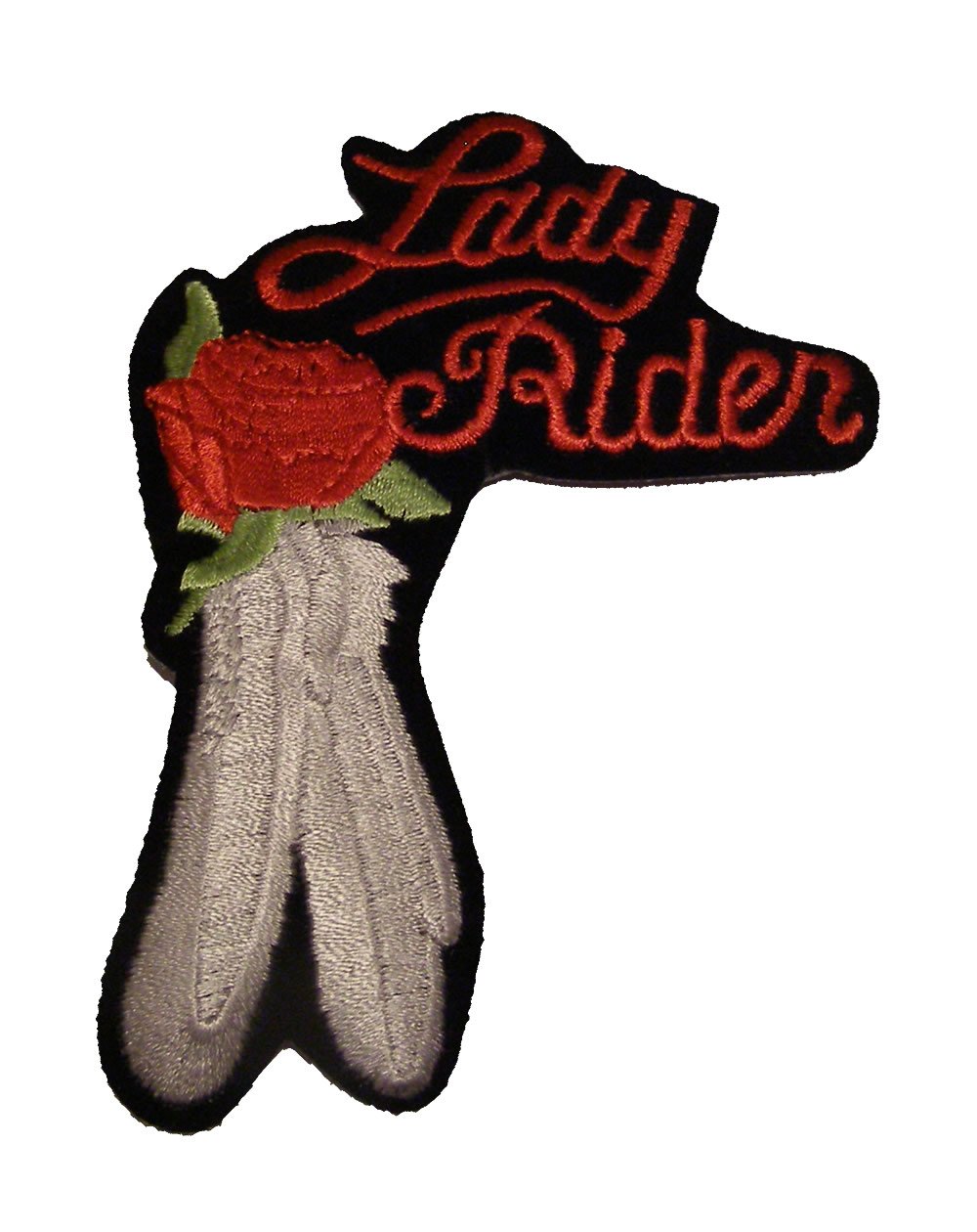 Lady Rider Embroidered Patch with Rose and Feathers - Red Iron-On or Sew-On for Biker Jackets, Vests, Bags - Veteran Owned Business - Perfect for Motorcycle Clubs, Gifts & DIY Crafts