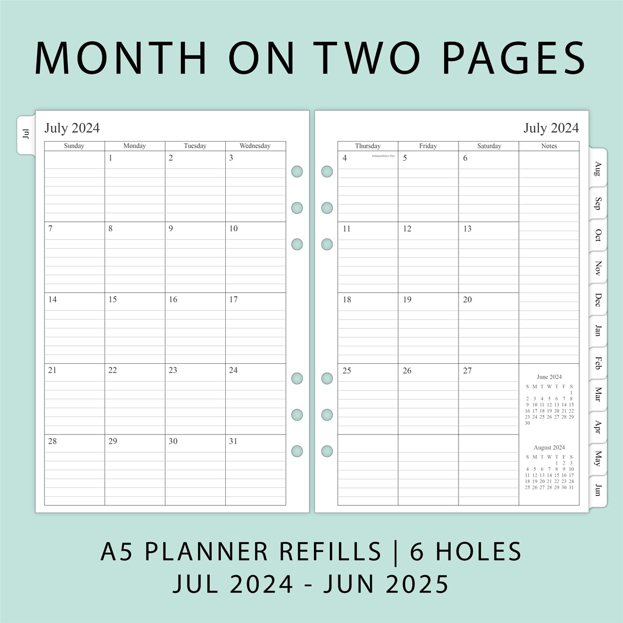 Newestor 2024-2025 Planner Refill - Weekly & Monthly Calendar from July 2024 to June 2025 - 6-Hole Punched for A5 Ring Binder - Perfect for Office, School, and Personal Organization