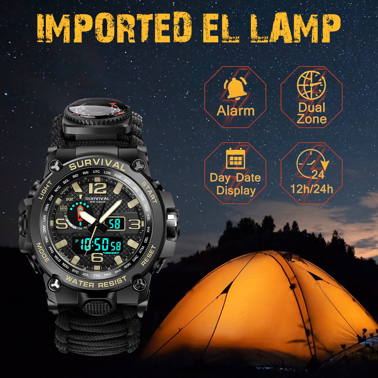 Kavie 23-in-1 Tactical Watch for Men - Waterproof Outdoor Survival Watch with Compass & Fire Starter for Hiking & Camping