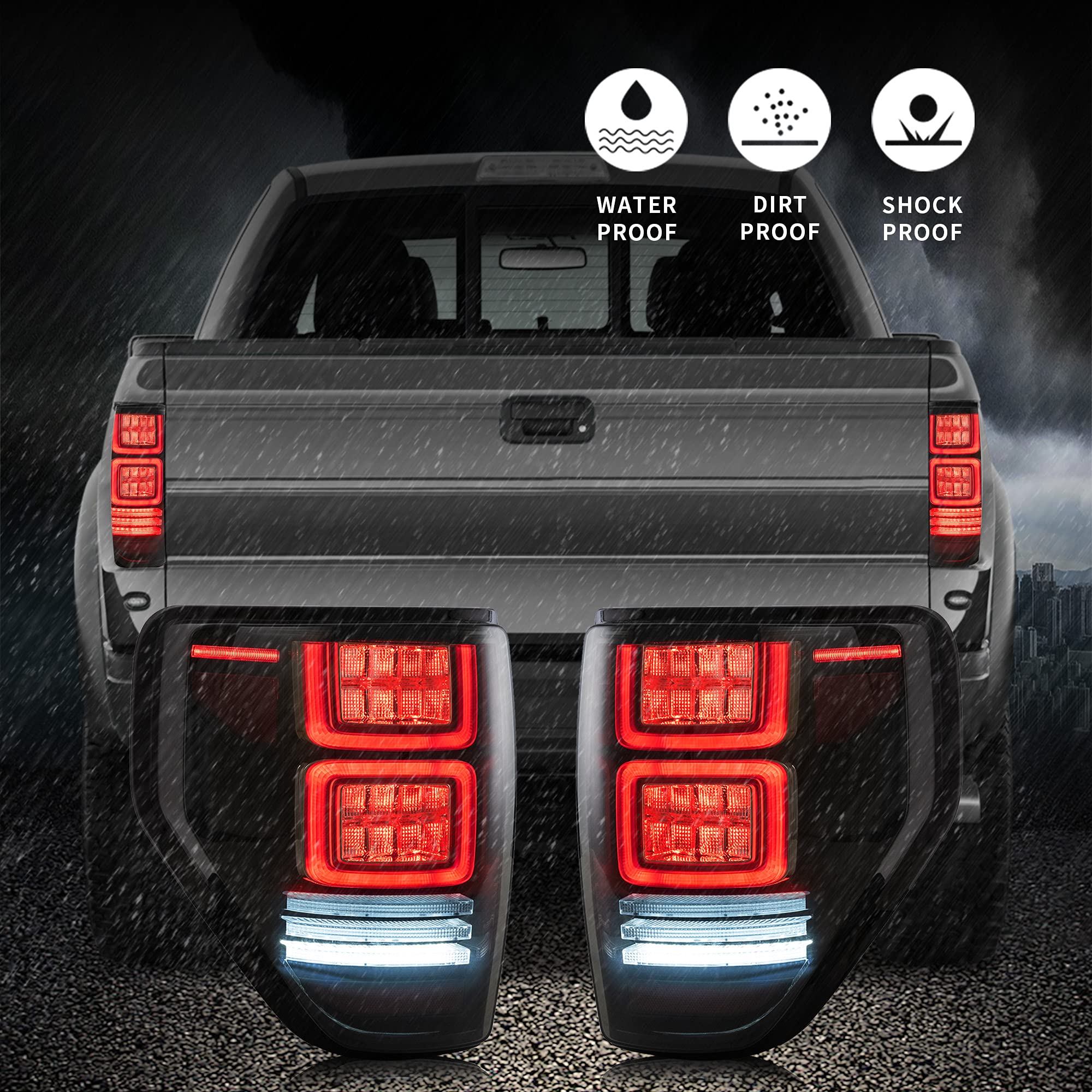 VLAND LED Smoked Taillights for 2009-2014 Ford F150 - Red Turn Signal, Running Lights, Brake Lights & Side Marker with White Reverse Lights (Excludes Flareside Models) | Perfect for Truck Upgrades & Night Driving Safety