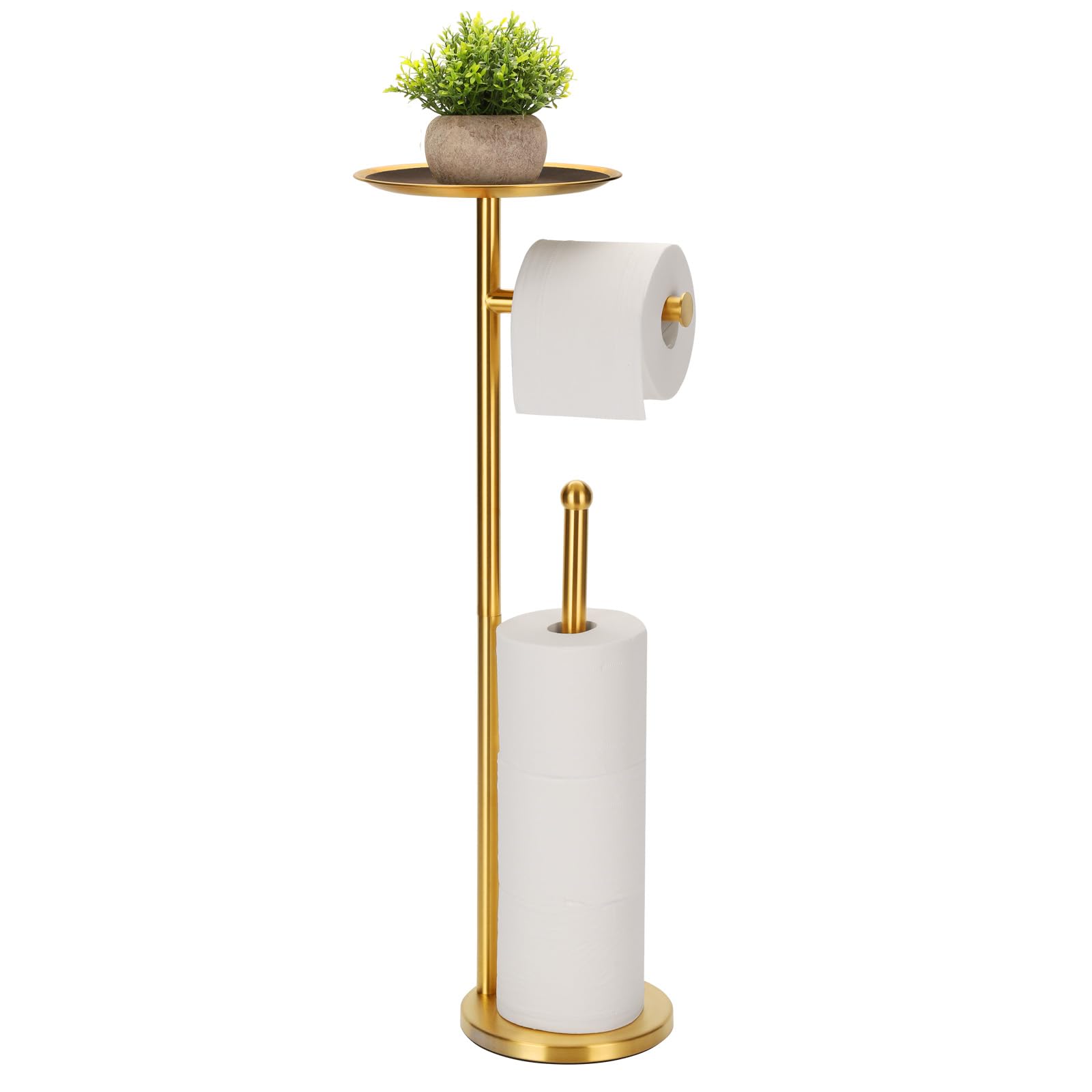 Freestanding Toilet Paper Holder with Large Shelf - Modern 4 Roll Reserve Stand with Storage Space for Phones (Gold) | Bathroom Organizer for Home & Office Use