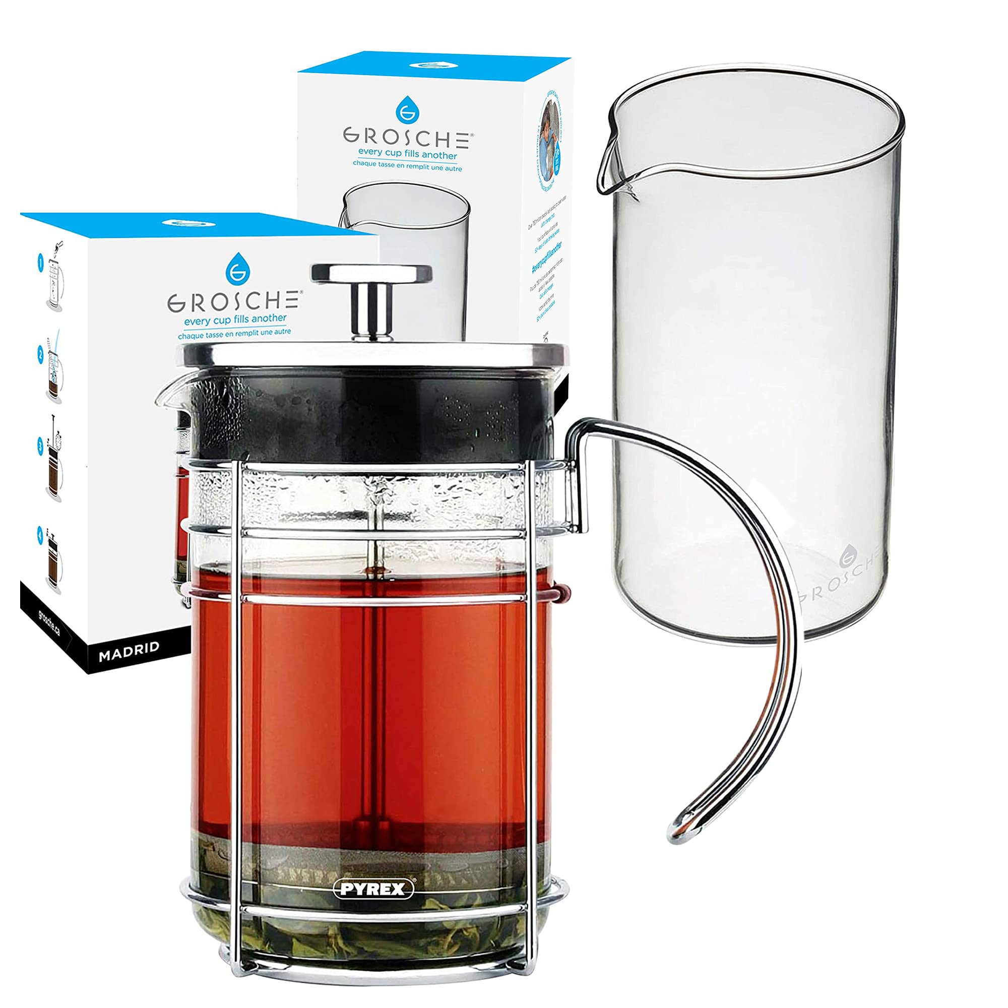 Premium GROSCHE Madrid French Press Coffee Maker - 1000ml (34 fl.oz) with FREE Replacement Glass Beaker - Stainless Steel Plunger for Rich, Bold Coffee - Ideal for Home, Office & Camping Use
