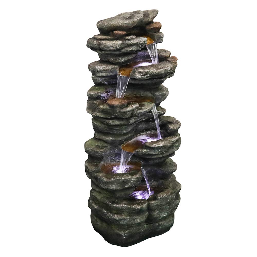6-Tier Stacked Rock Waterfall Fountain with LED Lights - 40