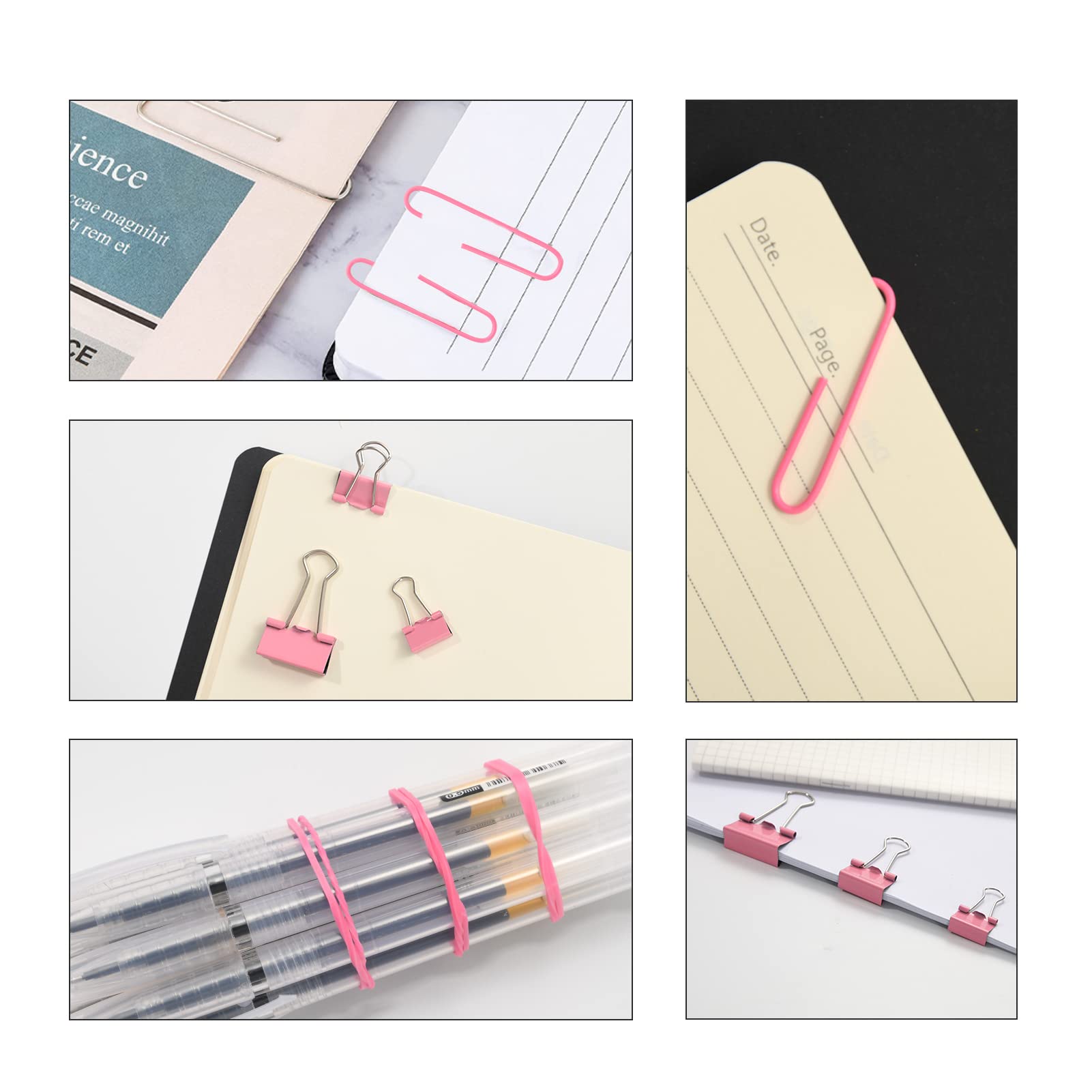 380 PCS Pink Binder Clips & Paper Clips Set - Assorted Sizes Office Supplies with Rubber Bands for Organizing Files, Documents, School Projects & Home Office Use