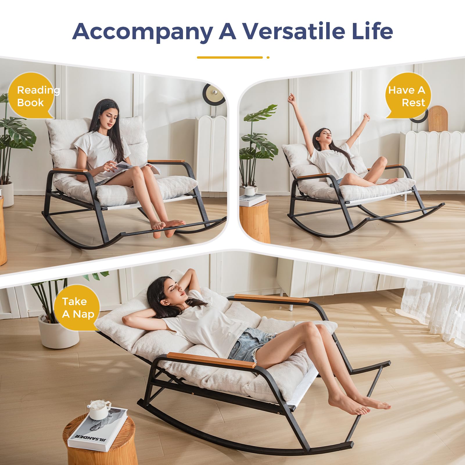 MAXYOYO Boucle Rocking Chair with Adjustable Backrest - Extra Wide Glider Recliner for Living Room, Nursery & Outdoor - Soft Beige Fabric - Perfect for Relaxing, Nursing & Reading