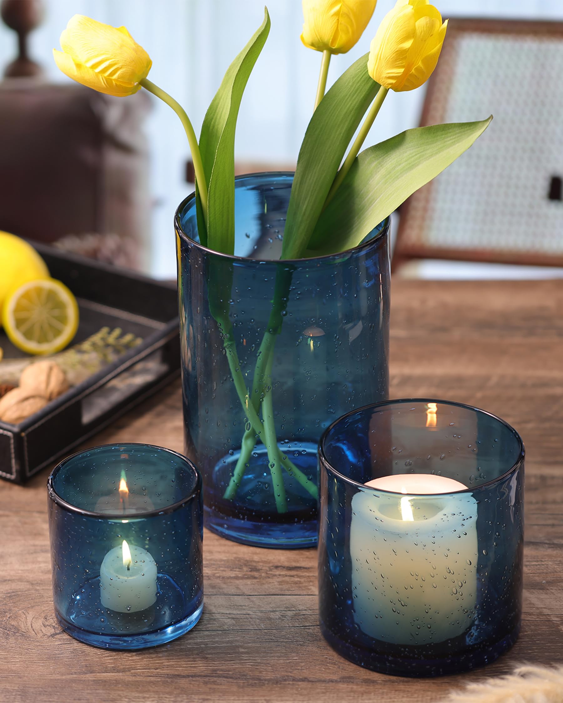 Blue Glass Hurricane Candle Holders Set of 3 - Seeded Bubbles Pillar Candle Holders 8