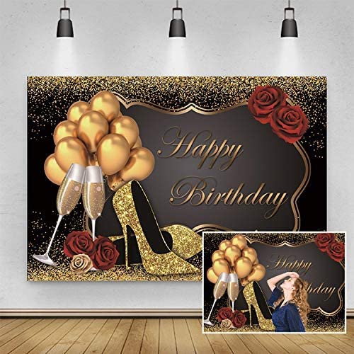10x8ft Black Gold Glitter Happy Birthday Backdrop with Golden Balloons, Sequin High Heels & Red Roses - Elegant Photography Background for Women's Birthday Party, Baby Shower, Bridal Shower & Photo Booth Decorations