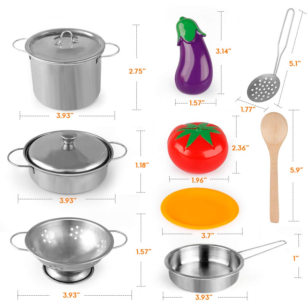 D-FantiX Kids Pretend Play Kitchen Set - Stainless Steel Pots & Pans, Cooking Utensils, Chef Apron & Hat, Cutting Food Toys for Toddlers Boys & Girls | Educational Role Play Toy for Preschool Learning & Imagination Development